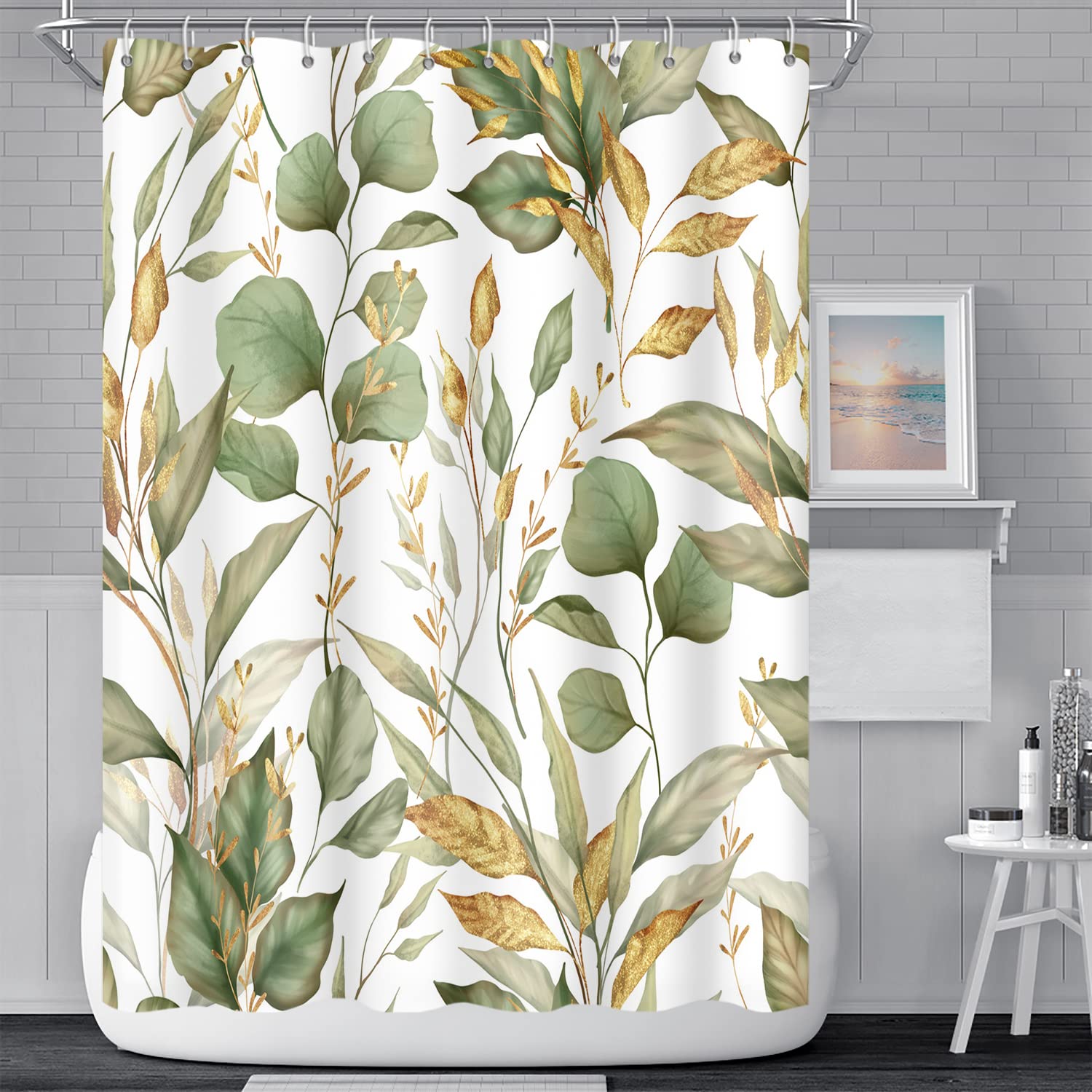 Green Eucalyptus Leaves Bathroom Decor - 36x72 Inch Polyester Waterproof Fabric Modern Tropical Leaf Nature Plant Shower Curtain with Hooks