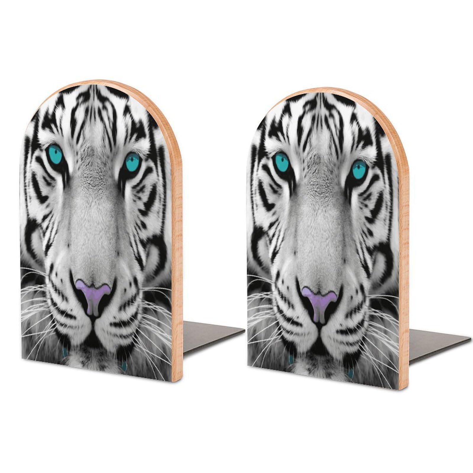 Tiger with Teal Eyes Bookend for Shelves Fashion Modern Wood Book End with Non-Slip Metal Base Universal Economy Bookend Book Organizer for Home Office Desk Accessories 1 Pair