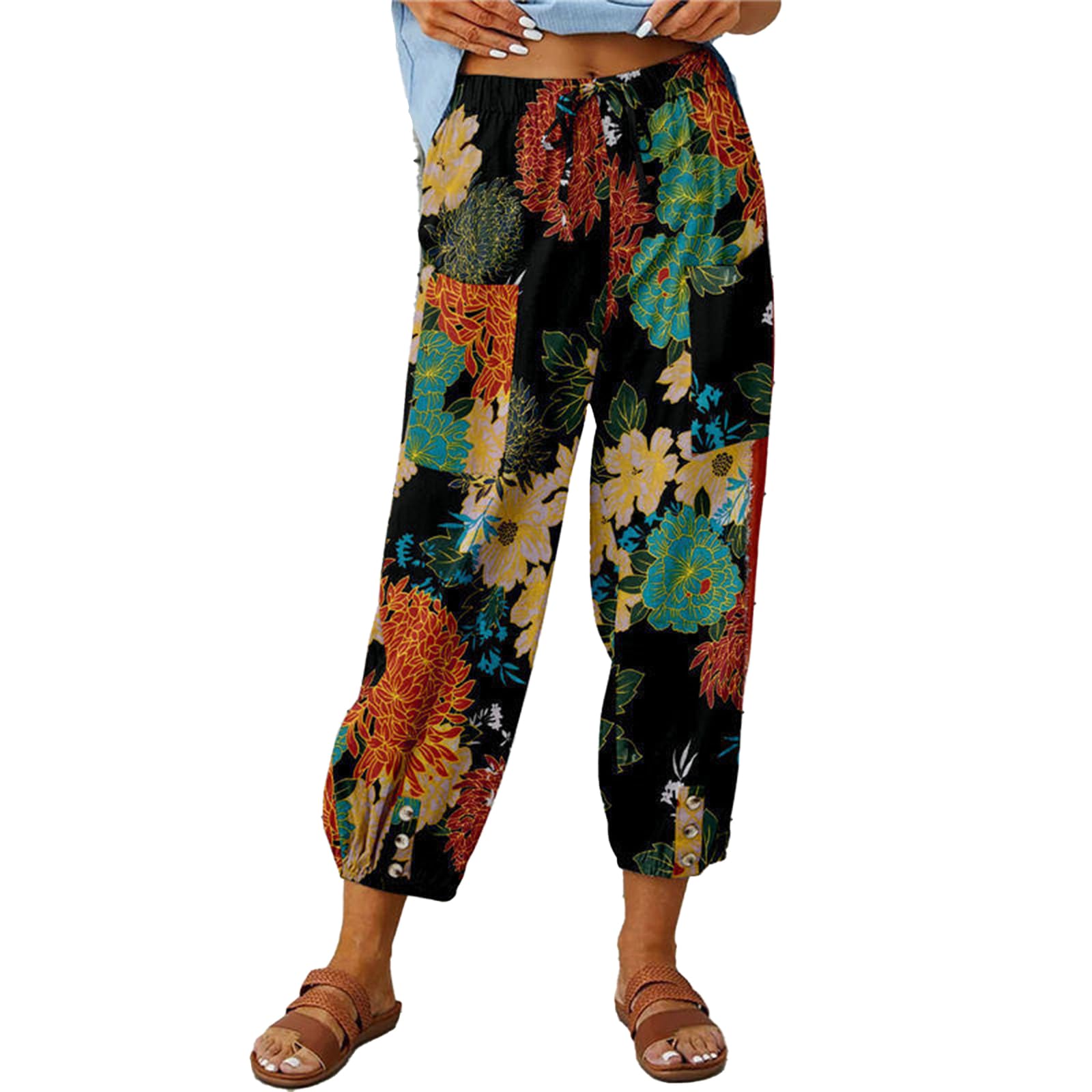 Womens Casual Capri Wide Leg Pants Floral Print Baggy Harem Pant with Pockets