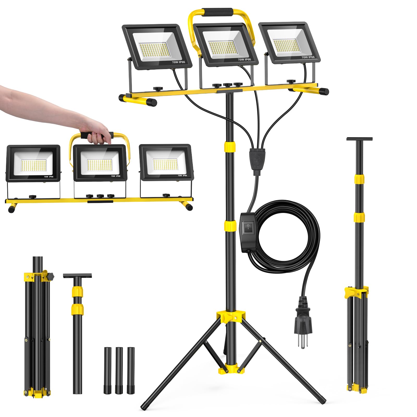 Upgraded LED Work Lights with Stand, 21000 Lumen 3-Head Adjustable Work Light, IP66 Waterproof Construction Tripod Light, Foldable & Portable Work Lights for Garage, Job Site, Outdoor Use