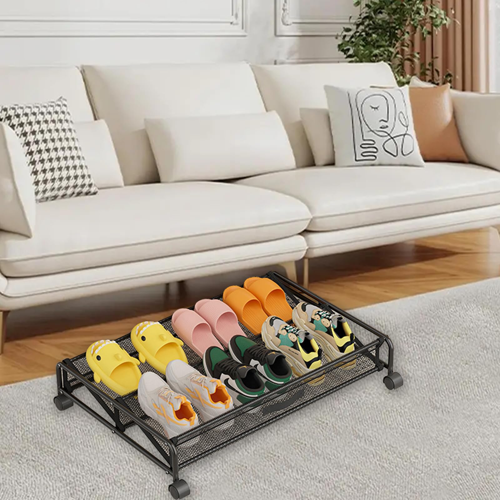Cómoda de debajo de la cama con ruedas, 89 l, para debajo de la cama, para zapatos, marco de metal, almacenamiento de zapatos debajo de la cama con ruedas para ropa, zapatos, juguetes, libros