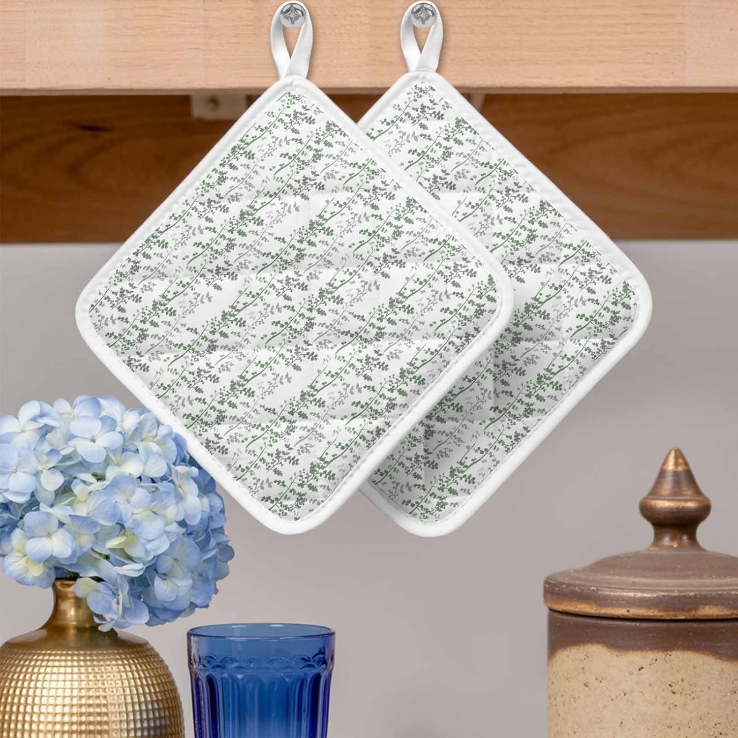 5 Pack Pot Holders for Kitchen, Green Grey Botanical Hot Pads for Kitchen Countertops Oven Pot Holder Bulk, Spring Floral Summer Farmhouse Heat Insulation Potholders with Hanging Loops