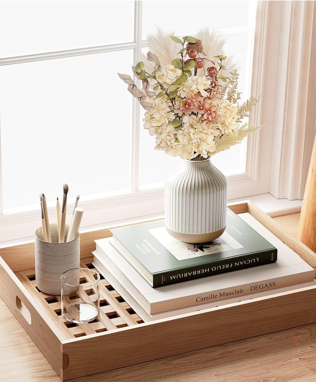 28Pcs Boho Artificial Dried Hydrangea Flower Bouquet with Berries, Burlap & Pampas, Green Ombre Leaves, Fake Fall Winter Thanksgiving Harvest Floral Arrangement for Vase Centerpieces, 17"