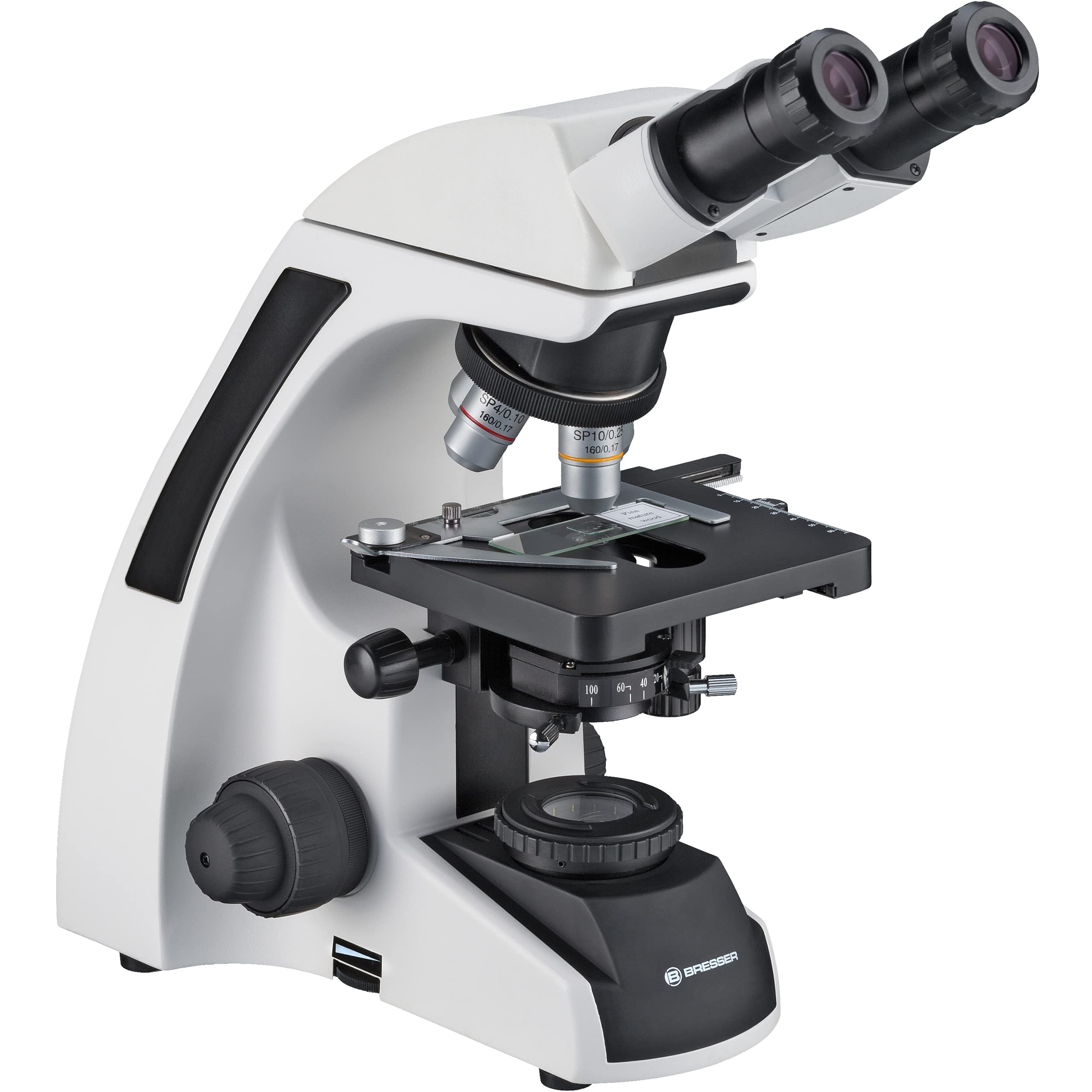 Bresser binokulares Durchlicht Mikroskop Science TFM-201 Bino 40-1000x Vergrößerung, mit Köhlerscher Beleuchtung, koaxialem Kreuztisch und sehr heller 3W LED-Beleuchtung, für gehobene Ansprüche ,Weiß | Köhlersche Durchlichtbeleuchtung, 4 Semiplan Objektiv