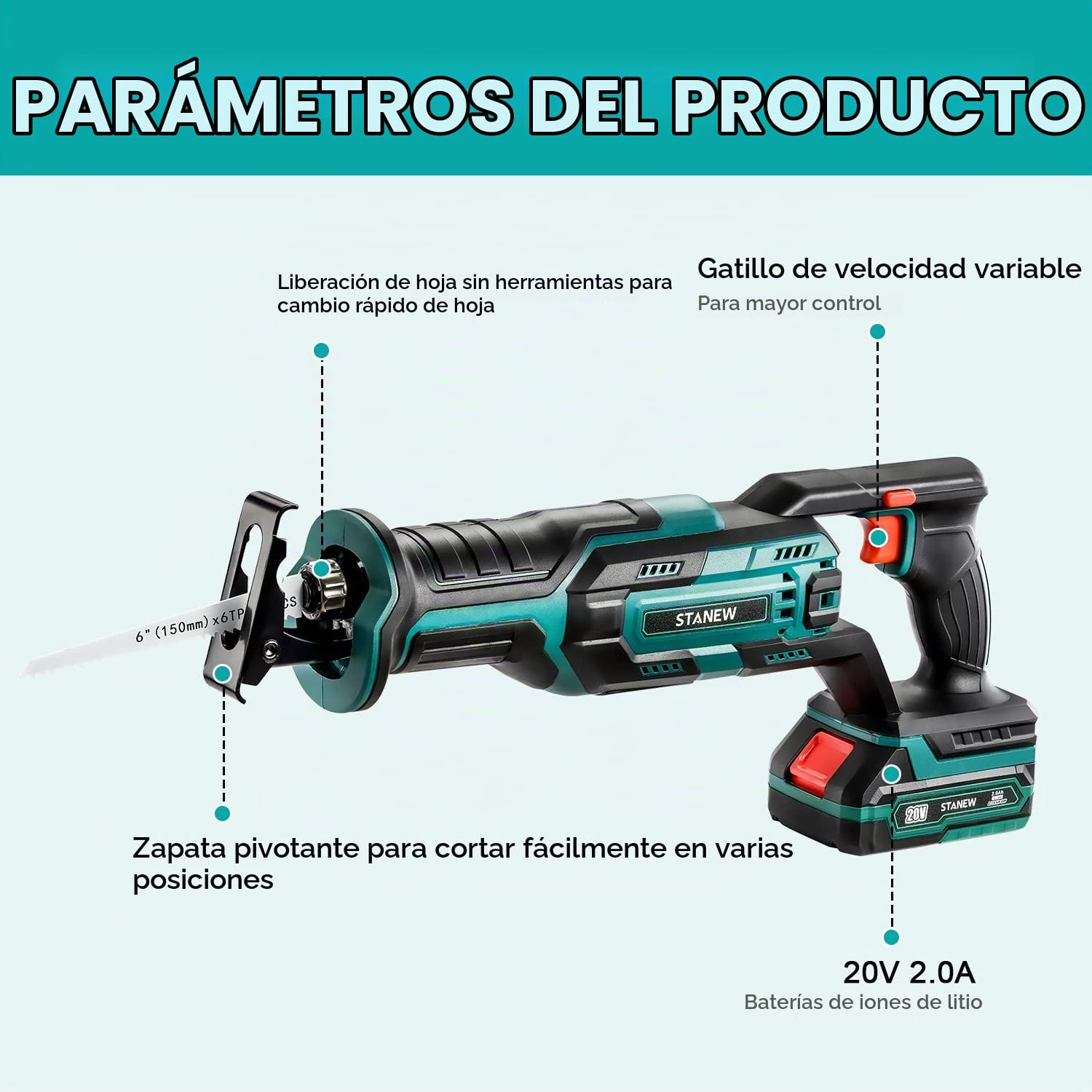 Sierra de Sable Inalámbrica, STANEW 0-3000 RPM Sierra Sable, 2 Baterías 2.0Ah de Iones de litio y Cargador,con 5 Cuchillas, Corta Madera, Metal, Plástic, Ramas