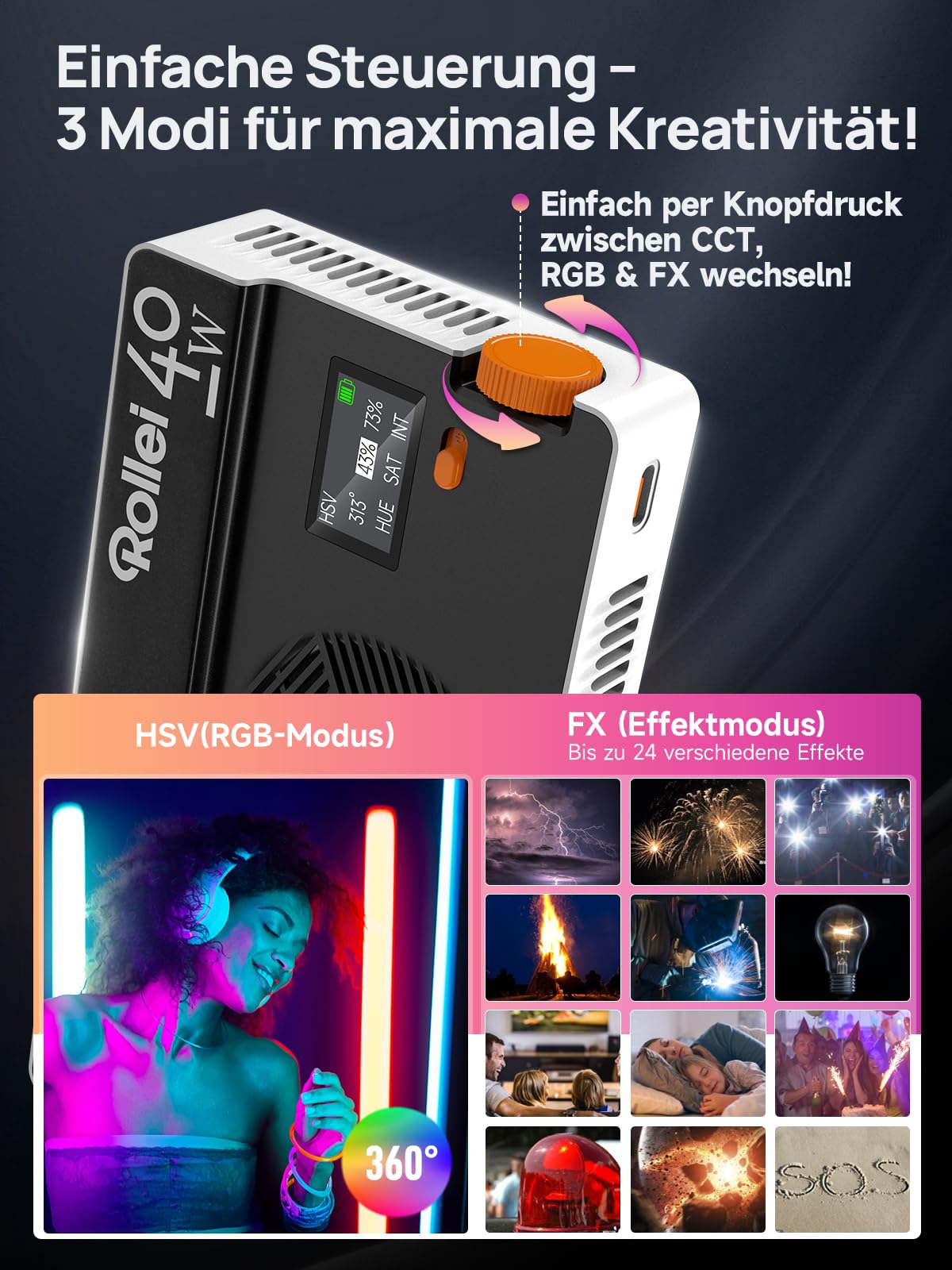 Rollei Lumis 40W RGB Led Videoleuchte, Kamera Licht mit Eingebautem Akku und Typ-C-Aufladung 5645 Lux CRI/TLCI 97+, 263g Fotolampe für Fotostudios Live Streaming YouTube TikTok