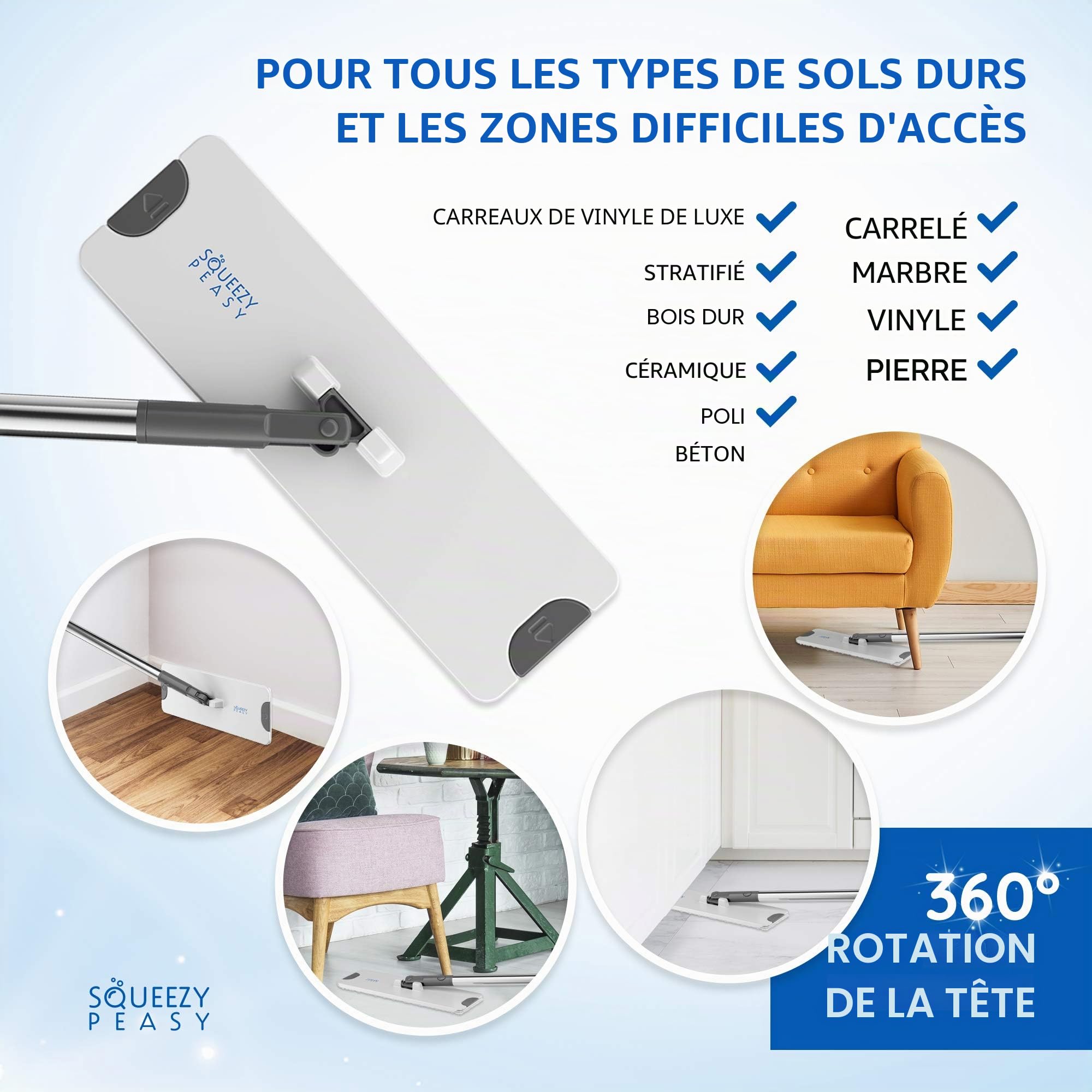 SqueezyPeasy Ensemble balai plat et seau de qualité supérieure – Séparent l'eau propre et sale – Compact et léger – Système de nettoyage du sol à 3 chambres – Tête rotative à 360° – 5 serpillères