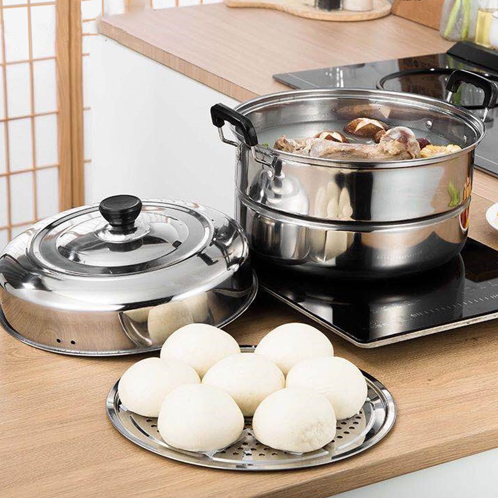 Vaporera, vaporera espesa de acero inoxidable apto para uso alimentario, multiusos de tres capas, adecuada para estufas de gas y estufas eléctricas