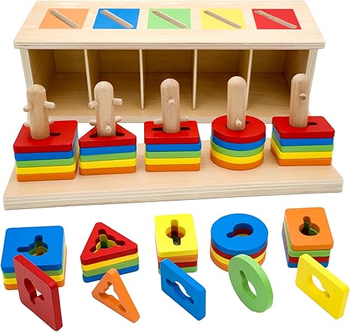 Montessori - Juguetes apilables de madera para clasificar con reconocimiento de color, bloques de construcción, rompecabezas de formas para niños de