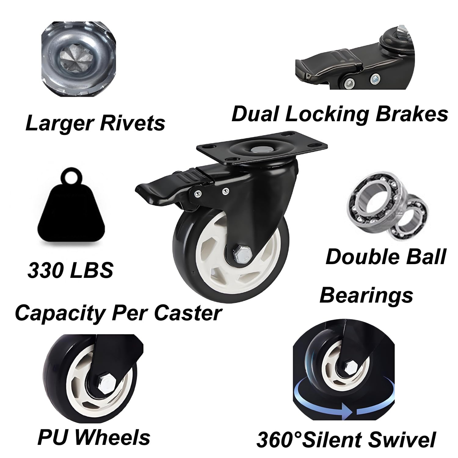 4" Heavy Duty Casters 4 Set 1320Lbs Capacity Locking Industrial Casters with 360°Swivel PU Wheels Double Brake Noise-Free for Workbenches Medical Carts Restaurant Equipment
