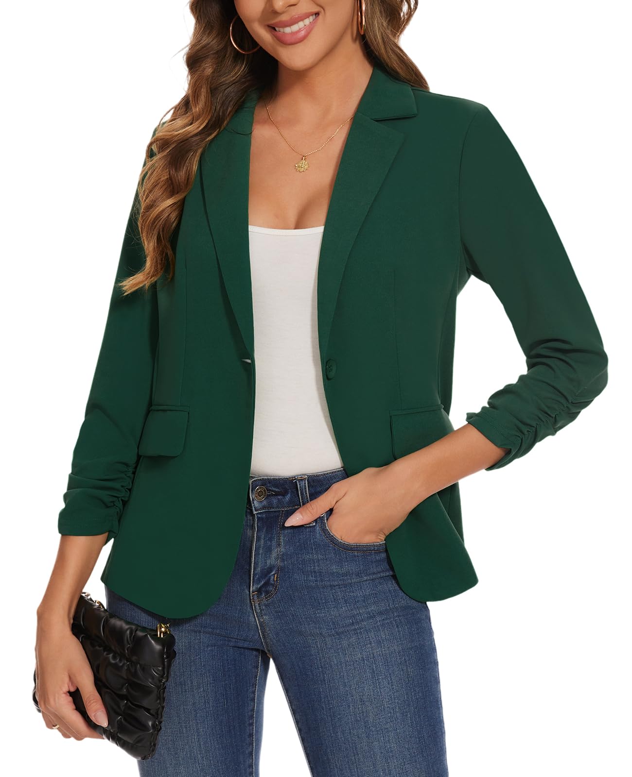 Womens Casual Single Button Front Blazer Ruched 3 4 Sleeve Notched Lapel Office Lightweight Blazers with Pockets
