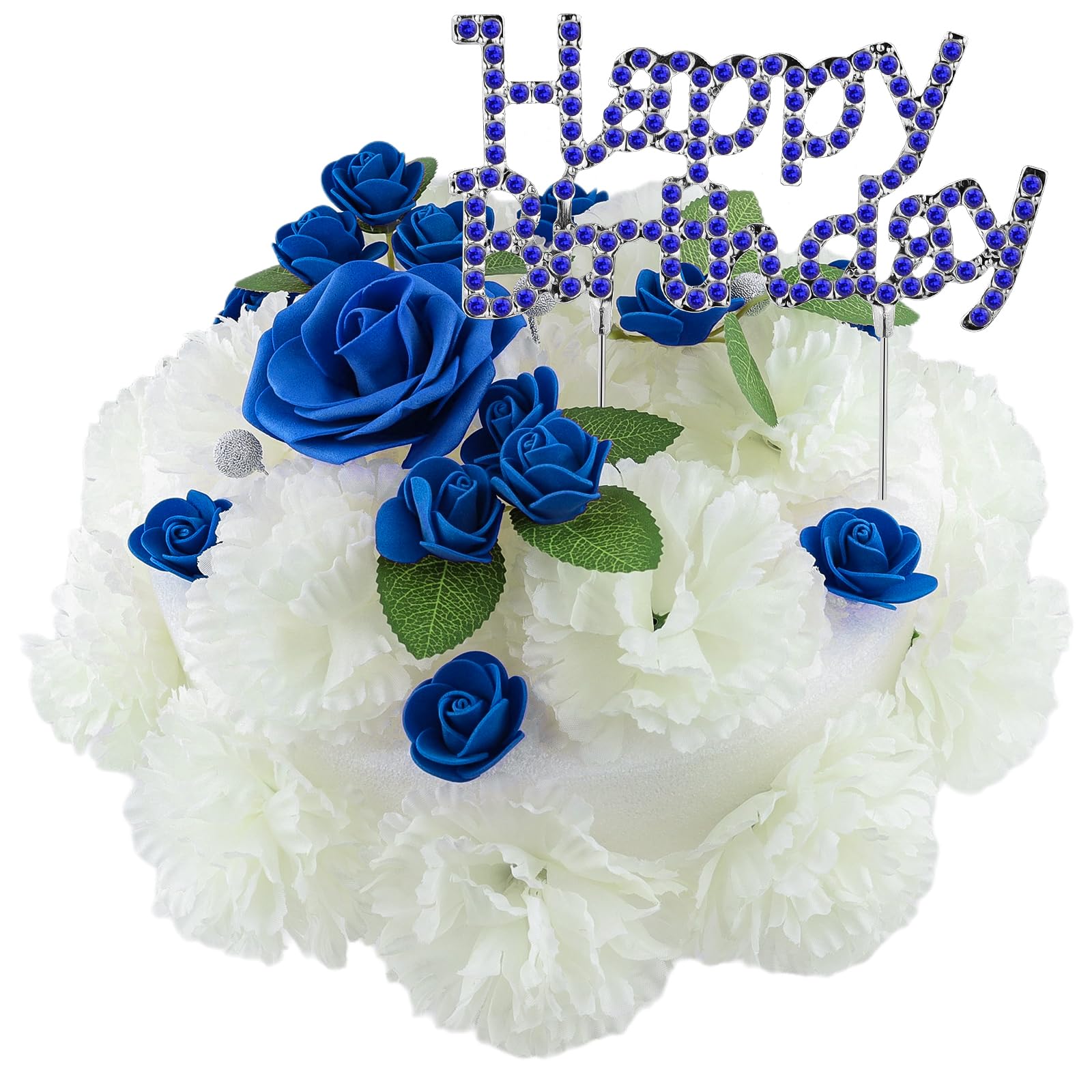 CUQRY Cemetery Memorial Artificial Flower Cake - Elegant Ivory Carnations & Blue Roses with Sparkling Happy Birthday Insert-Suitable for Grave