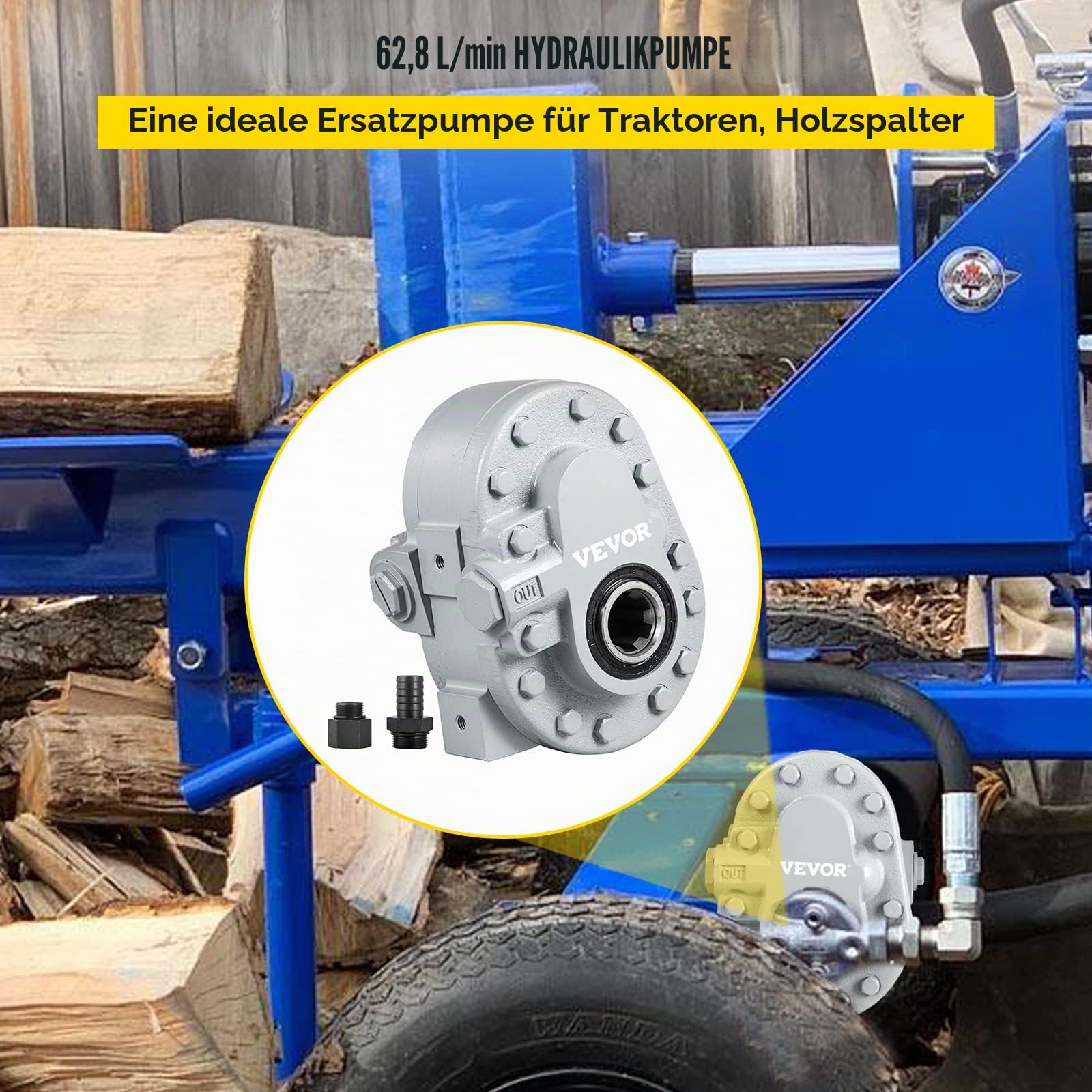 VEVOR Hydraulikpumpe 16,6 GPM Hydraulikmotor für Holzspalter 540 U/min 2500 PSI SAE 12 Ausgangsanschlüsse für LKW Heckklappe, Scherenhebebühne, Kippmuldenanhänger
