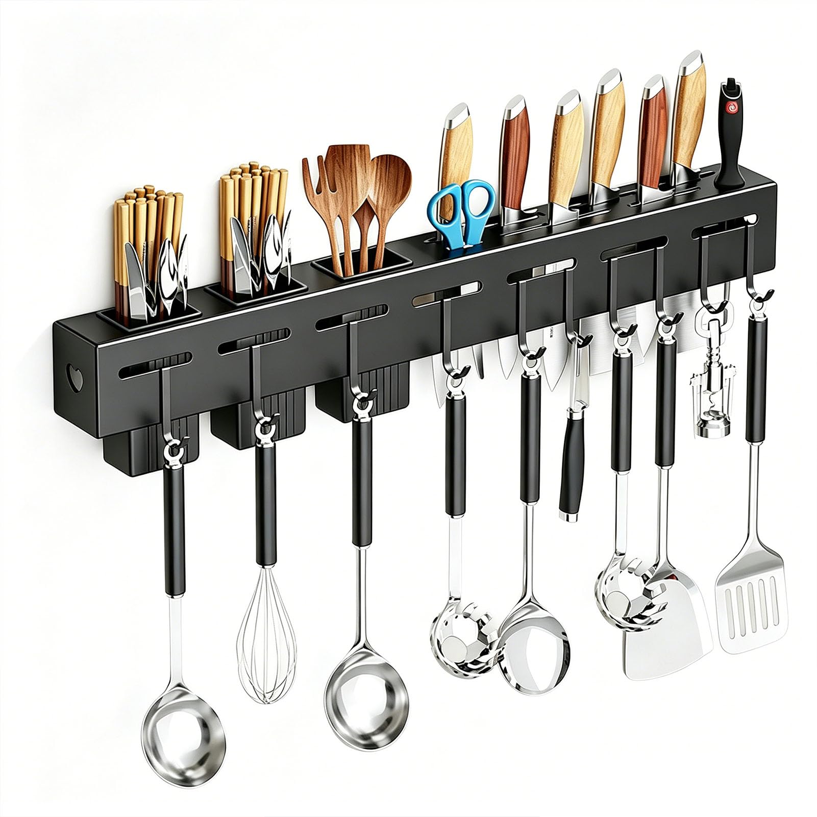 TBATM Kitchen Corner Wall Organizer, Multifunctional Knife Holder Storage Rack for Knives, Chopsticks and Cooking Tools,Black with Hooks,60cm