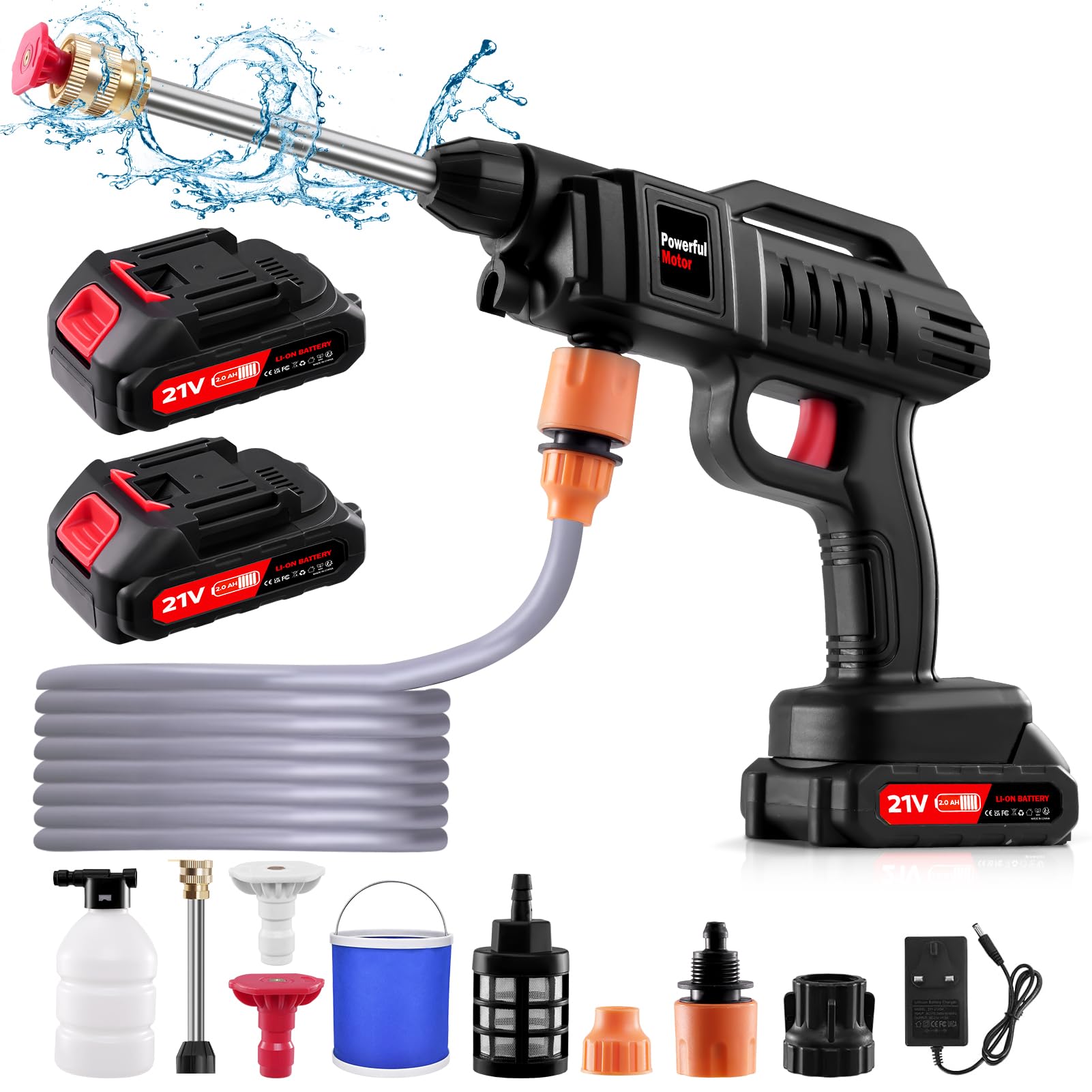 Bellanny 60Bar Cordless Pressure Washer, 21V 1500W Portable Pressure Washer with 2 x 2.0Ah Rechargeable Battery, Battery Pressure Washer with 5M Hose for Floor Car Garden Cleaning - with Bucket