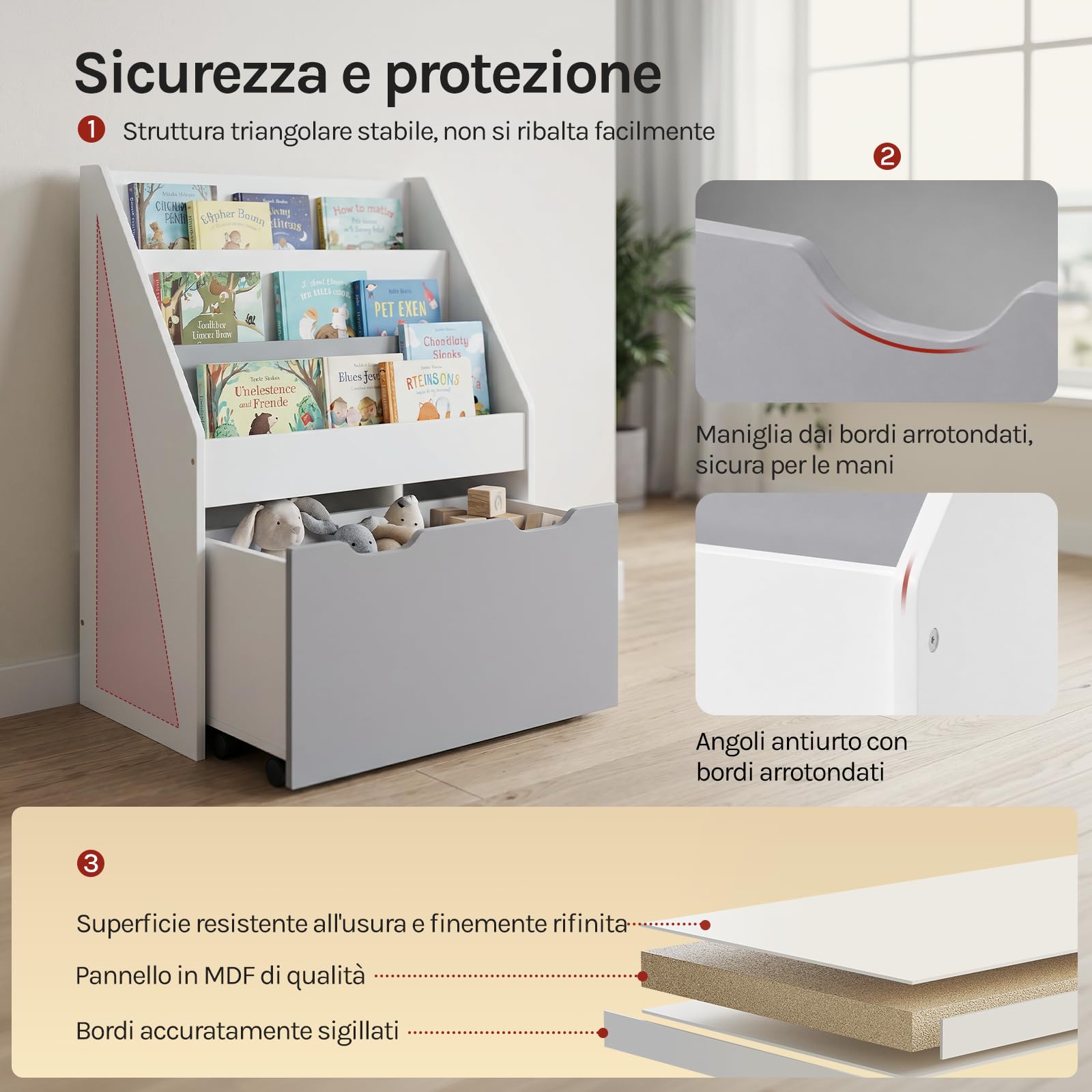 WOLTU Estantería para Niños, Librero Infantil | con 4 Ruedas y 5 Estantes Pequeños, para Habitación Organizador Multiusos, Estante de Mini Libreria, Blanca+Gris