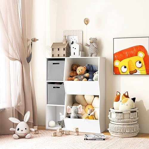 Miniatura 2 de HONEY JOY Organizador de almacenamiento de juguetes para niños, estantería y estantería para niños con 2 cajas de almacenamiento, gabinete de