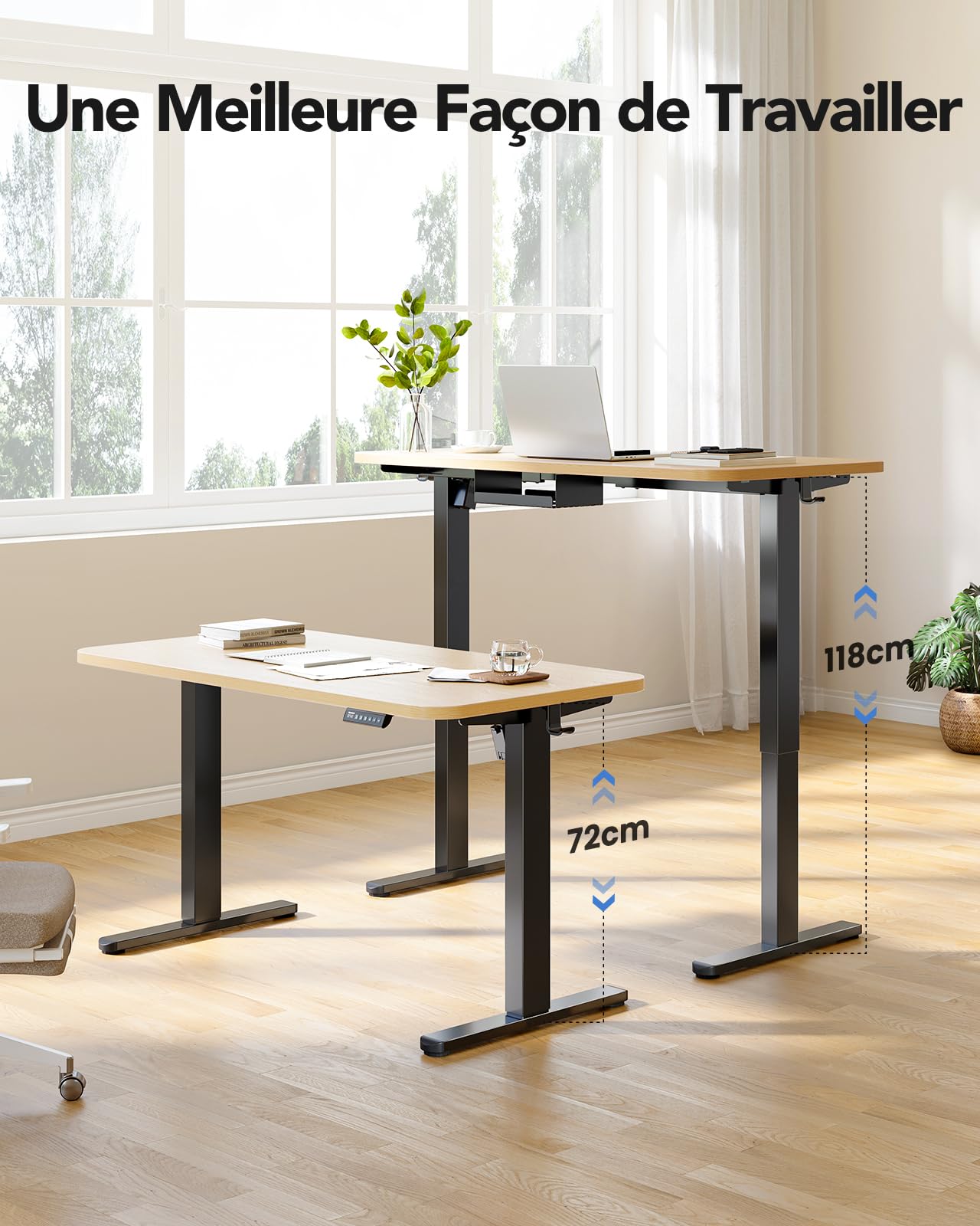 HUANUO Bureau Assis Debout Électrique,Cadre de Bureau Deboutavec Moteur sans Balais,Cadre Réglable en Hauteur avec Capacité de 100 kg pour Plateaux de 110 * 220 cm, Cadre Seul