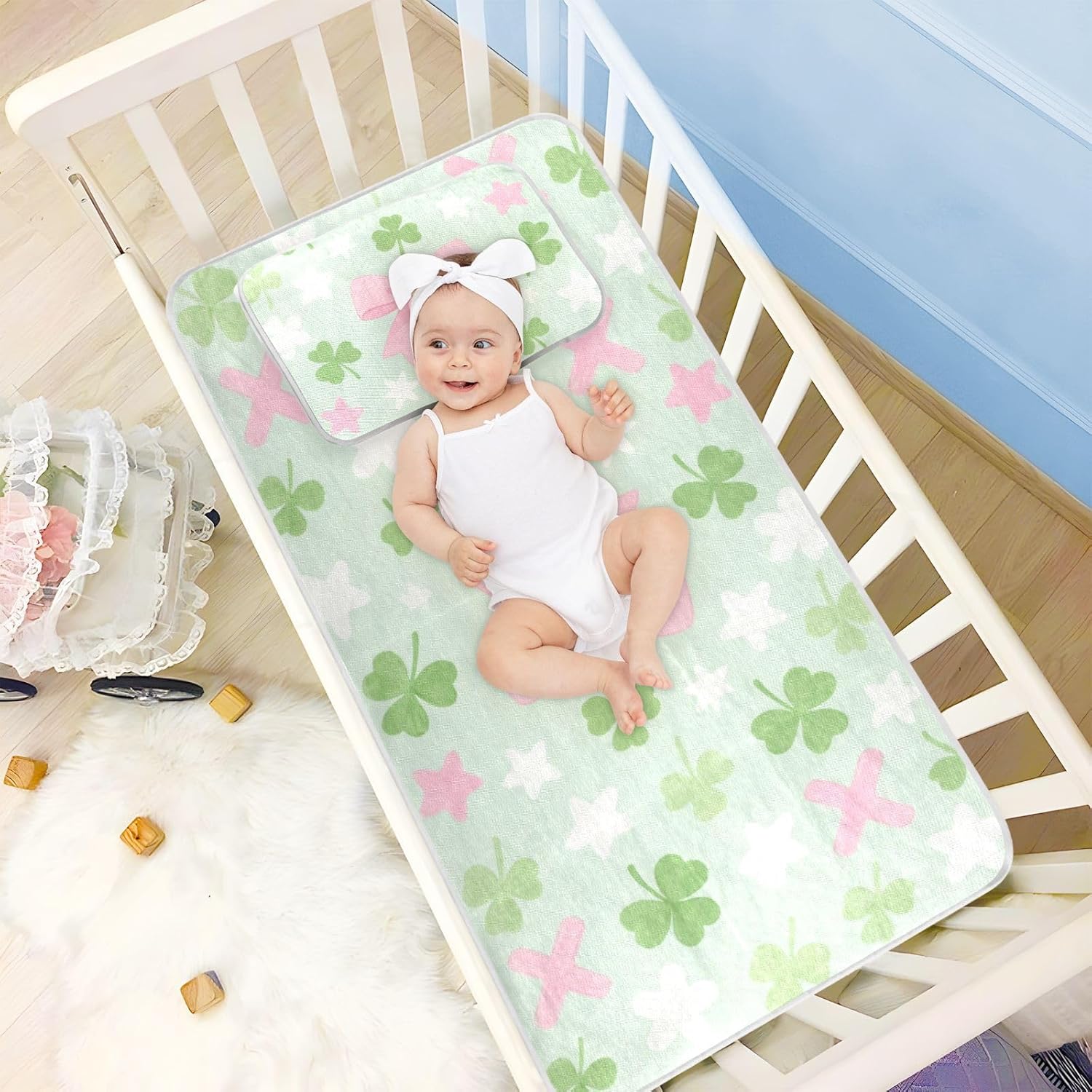 Cooling Baby Mattress Protector 28" x 52" Washable Pads for Bed for Baby&Toddler Green Clover