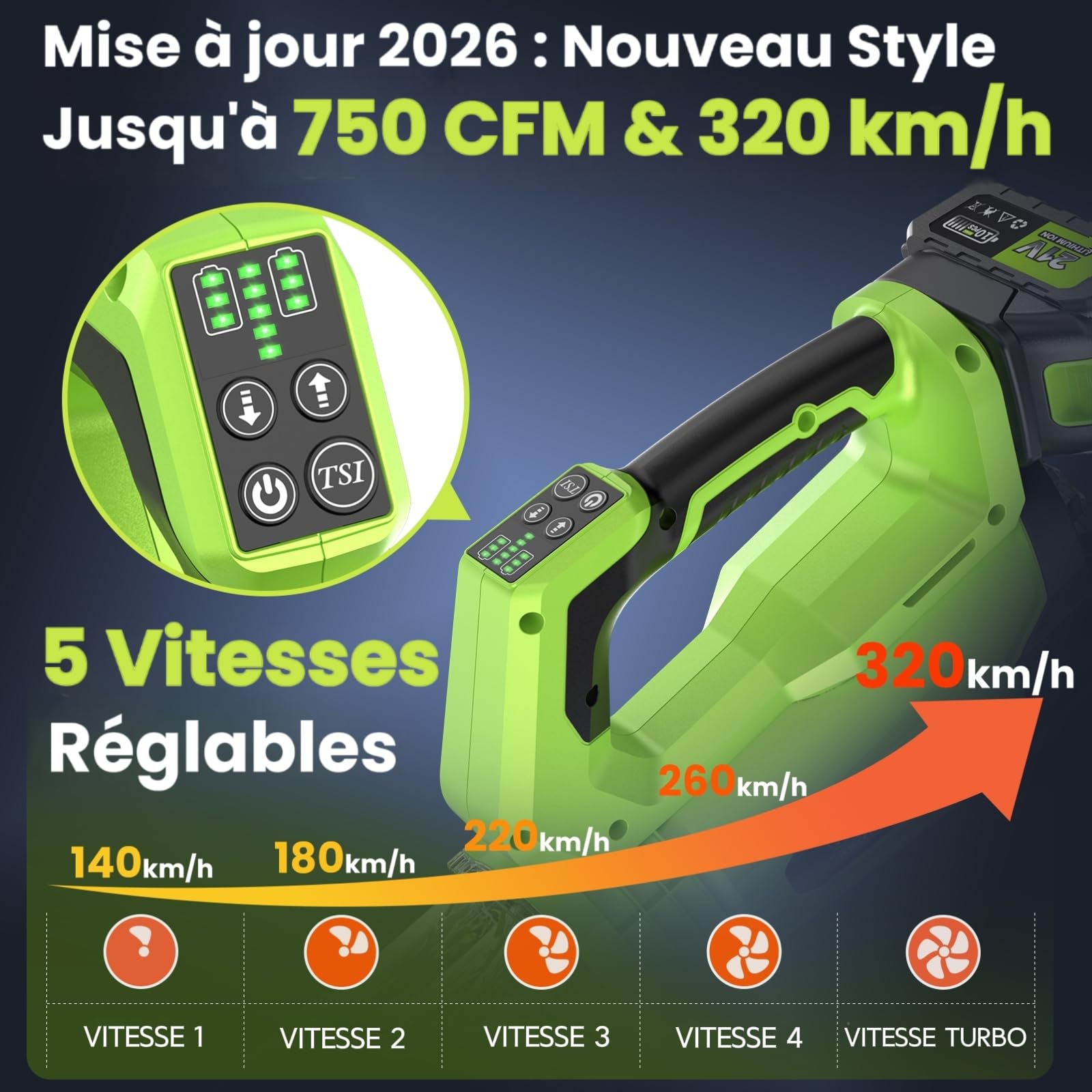 Souffleur Batterie avec 5 Vitesses, Vitesse d’air Jusqu’à 320 Km/h, 750 CFM | 98000 RPM Souffleur Feuille avec 2 x 4000 mAh Batteries, pour L'entretien de la pelouse, Le dépoussiérage et Le déneigement