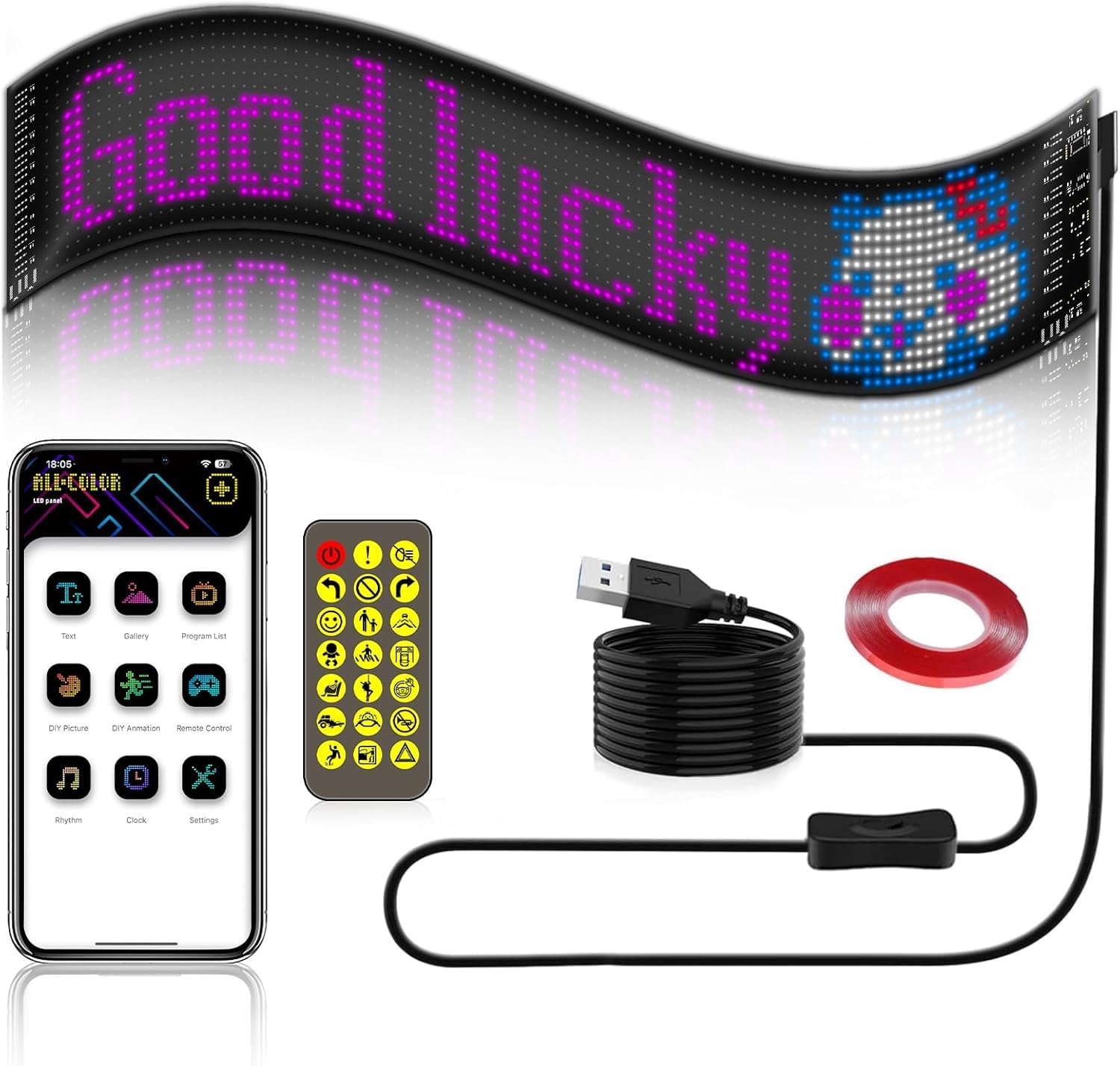 Bluetooth LED Matrix Panel for Car Window – Programmable RGB Scrolling LED Sign with App & Remote Control, USB Powered Flexible LED Display for Car, Truck, Store, Bar, Party, Advertising (23.4 Inch)-image-37