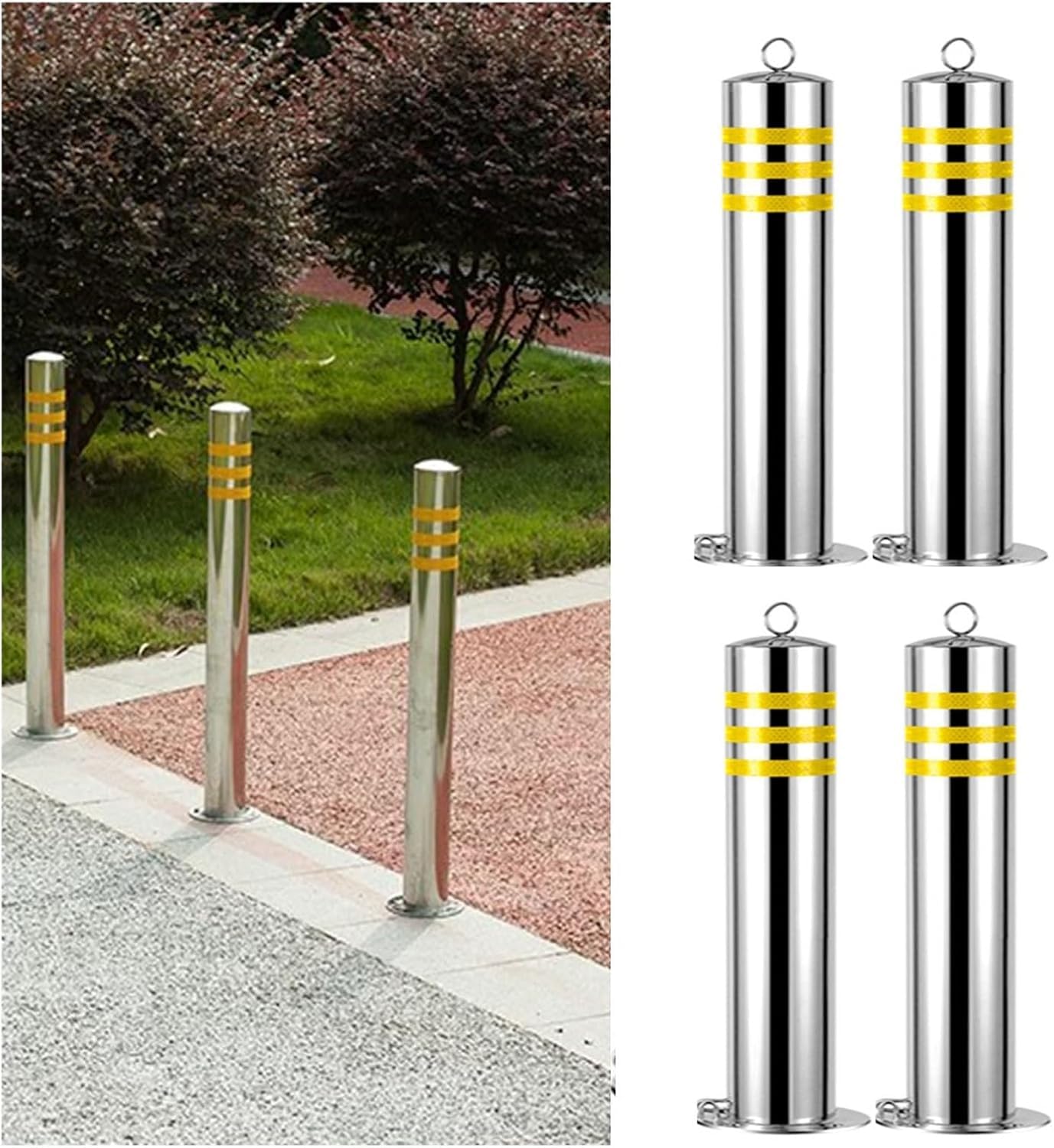 WOTZOV Traffic Safety Bollard, Construction Cone Traffic Delineator Post Stainless Steel, Barrier Reflective Tape Parking Post For Home Garage Street Decor Or Traffic Sensitive Area,4pack 75cm/29.5in