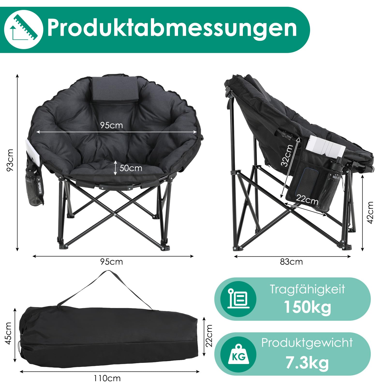 LIFERUN Moonchair XXL składane krzesło kempingowe, 150 kg, sofa kempingowa dla 1 osoby, krzesło składane XXL, do użytku na zewnątrz, do ogrodu, na balkon