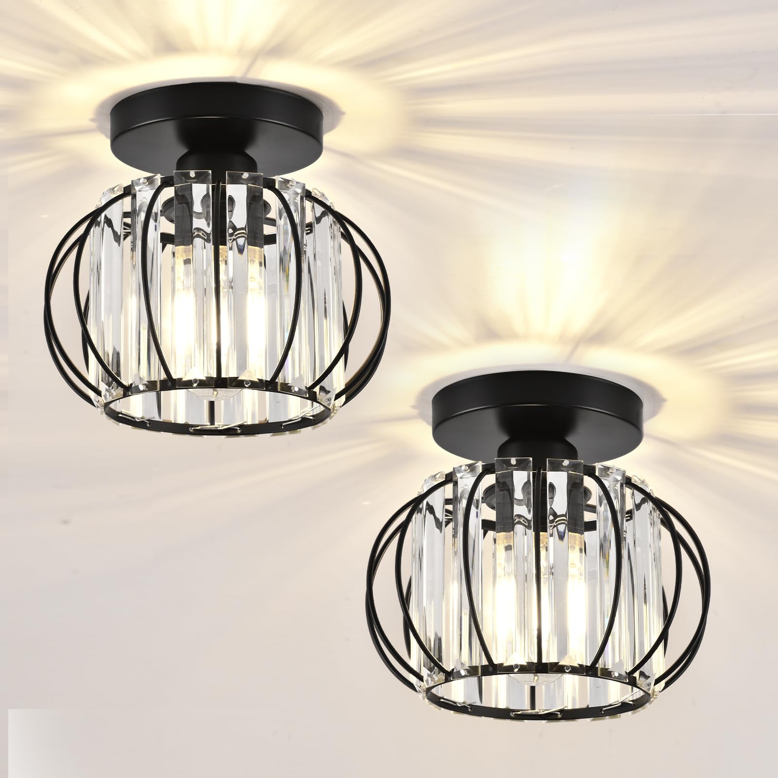 ZYDTRIP Crystals Ceiling Light Fixtures Chandelier, Small Semi Flush Mount Ceiling Light Fitting for Hallway Entrance Kitchen Bedroom Dining Rooms Living Rooms Bar (2 Pack Black)