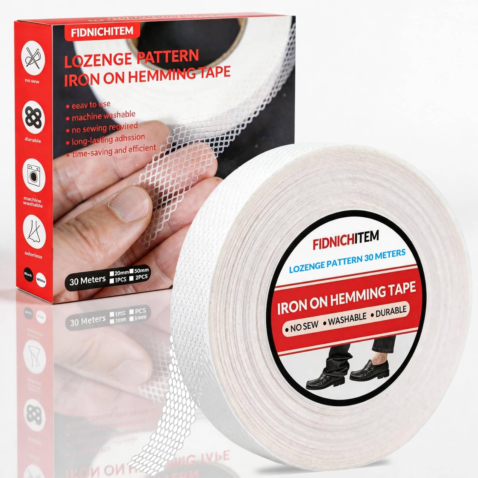 fidnichitem 菱形グリッド 強力 裾上げテープ 布用両面テープ アイロン接着テープ 洗濯可能 (巻30mx幅20mm, 透明)