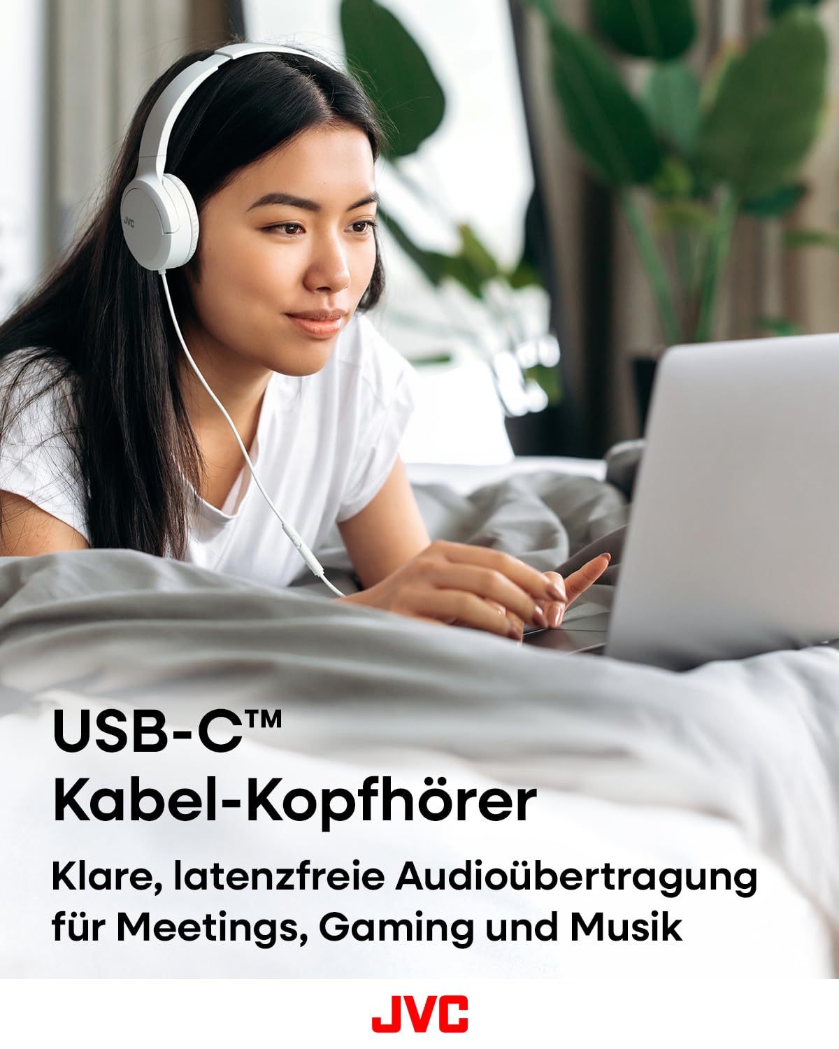 JVC HA-S33UC-W USB-C On-Ear-Kopfhörer, weiche Ohrpolster, faltbar, mit Mikrofon & 3-Tasten-Fernbedienung, einseitiges Kabel, Weiß
