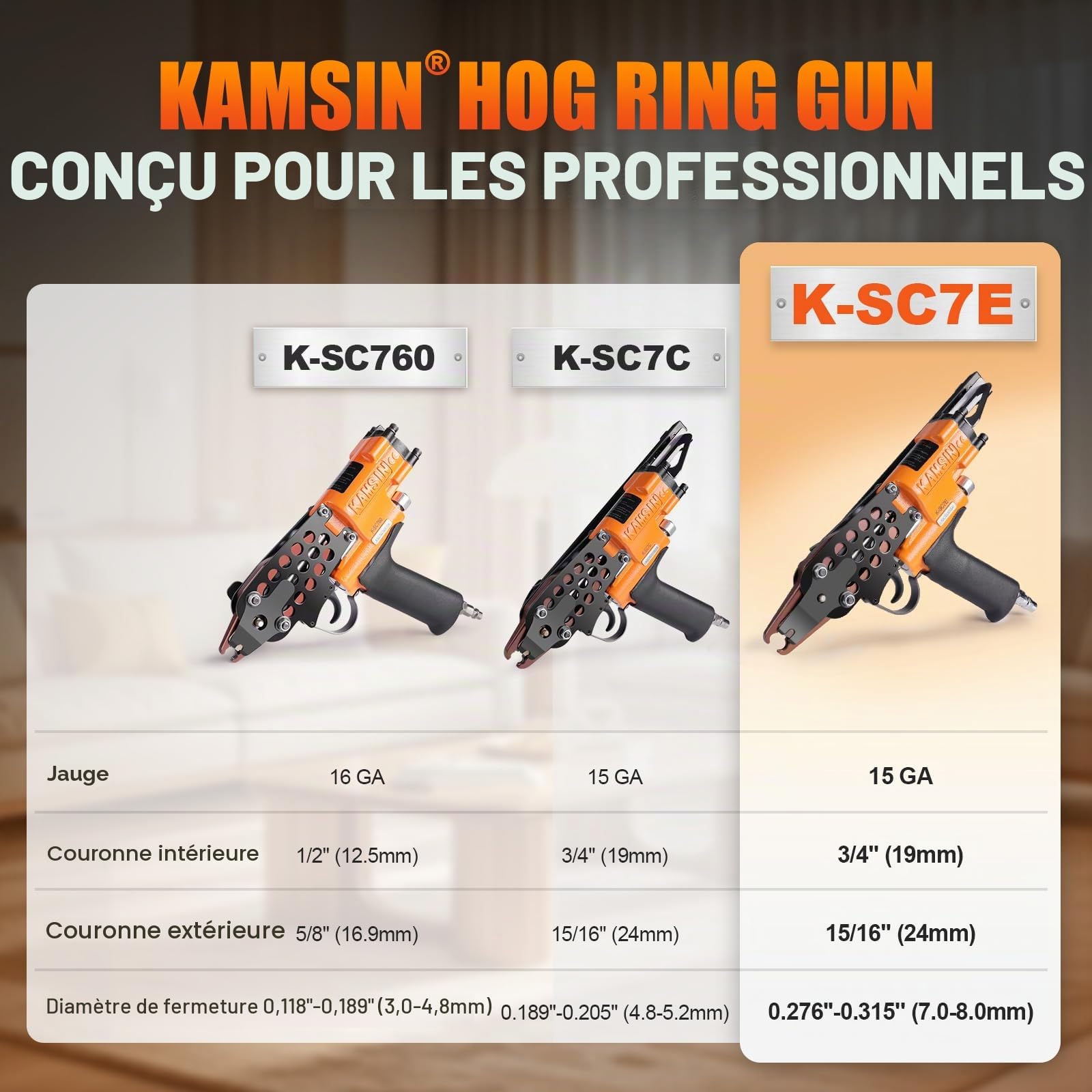 KAMSIN K-SC7E 15GA pince à C pneumatique long bec pour gabions | Couronne 19mm, fermeture 7mm, bec allongé pour espaces étroits, qualité industrielle 15GA, pour cages, clôtures et sièges