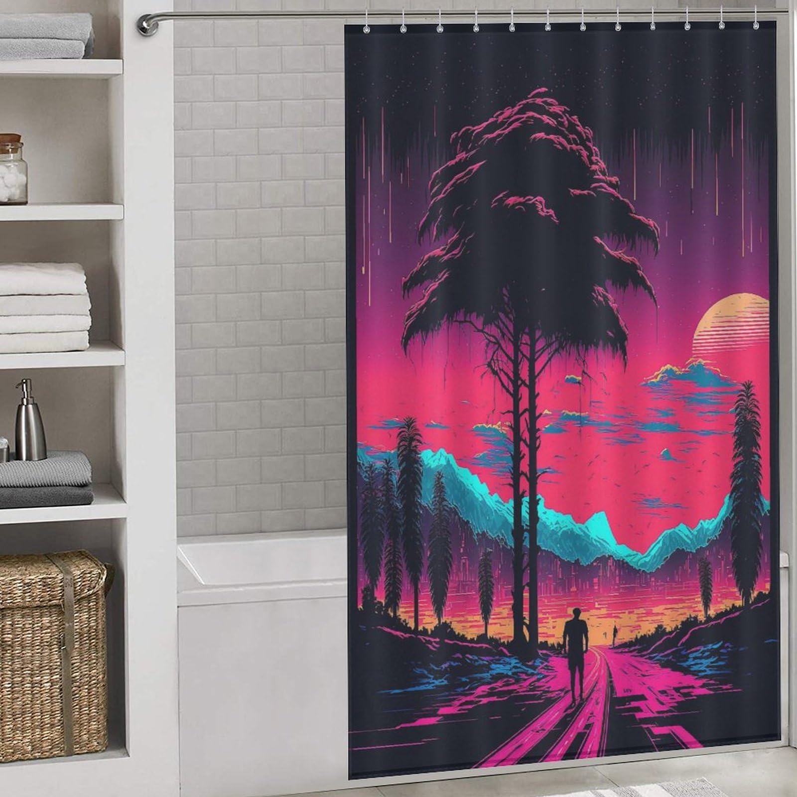 Rideau de douche rétro en polyester imperméable 140x183 cm avec crochets