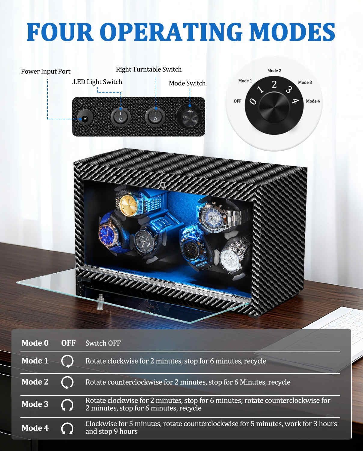 Watch Winder 6 with LED and Super Quiet Motor 4 Rotating Modes, Wooden Watch Storage Case Watch Shaker with USB Cable Gift (Black Carbon Fiber)