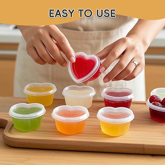100 Sets 1.5 oz Heart Shaped Jello Shot Cups with Lids, Disposable Plastic Cups,Small Condiment Containers,Plastic Souffle Cup, Mini Sample Tasting Cups, Dipping Sauce Cup To Go Bowls, Clear