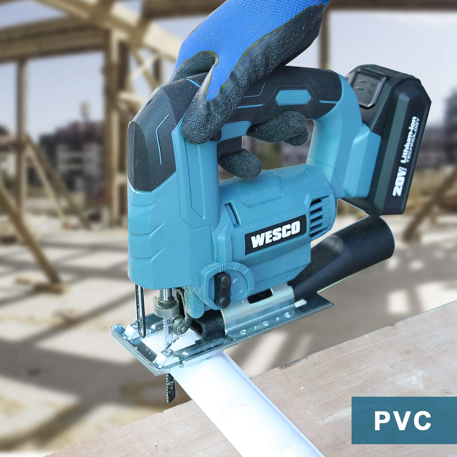 Nеw Dеаl Cordless Jigsaw Tool, WESCO 20V 2.0A Jig Saw with Battery and Charger, 2500SPM, 45° Bevel Cutting, Adjustable Aluminum Base, 4 Orbital Setting for Woodworking (Dust Adapter/10pcs Saw Blade) WS2305U