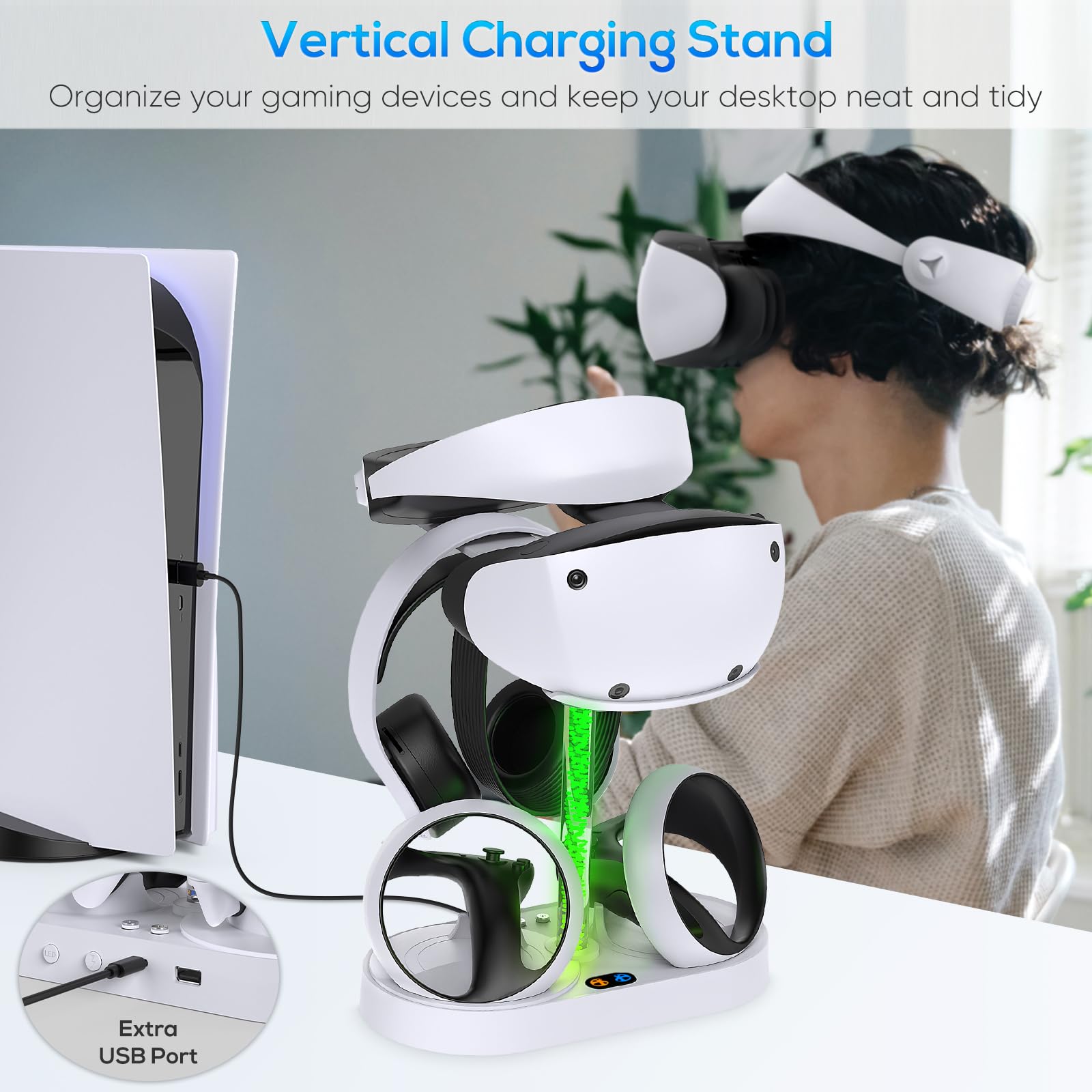 Ladestation für PSVR2 Controller mit Display Ständer &Buntes Licht, FYOUNG Schnelles Ladegerät Dock für PlayStation VR2 Headset Zubehör mit LED-Anzeige, Headset-Halter&Magnetischer Dongle für PS VR2