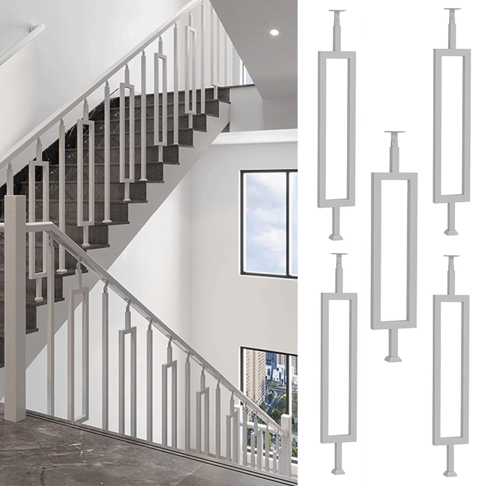 Adjustable Iron Stair Railing - Rectangular il with Non-Slip Support, Safe Stair Banister, Forged Iron Guardrail for Stairs