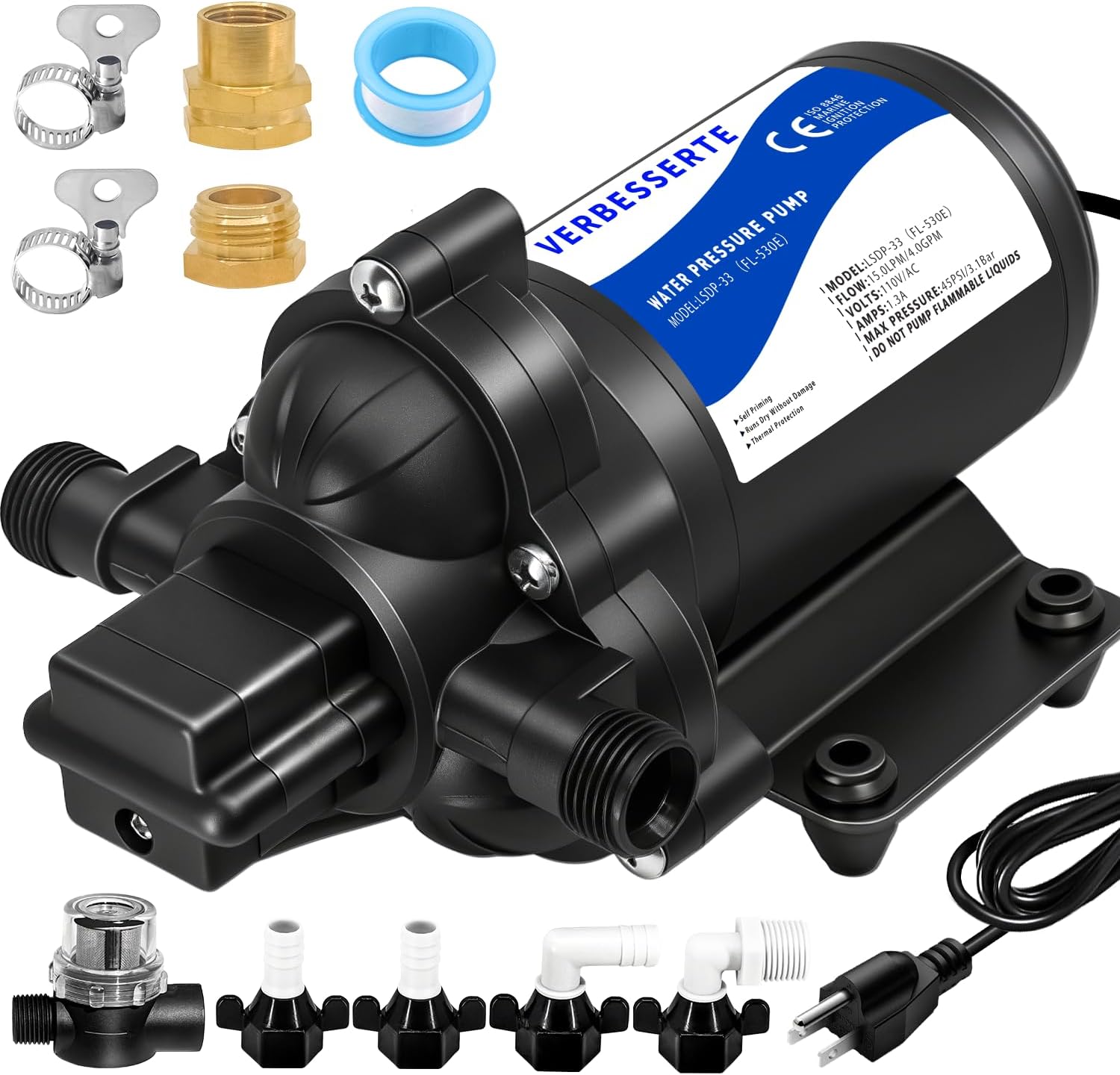 110Volt AC Water Pressure Diaphragm Pump for Rv,4.0GPM 45PSI Garden Hose Pool On demand Water Pump Quiet for Boat,In line Water Marine Wash Down Oump with Plug for House Kitchen Yacht Camper Shower