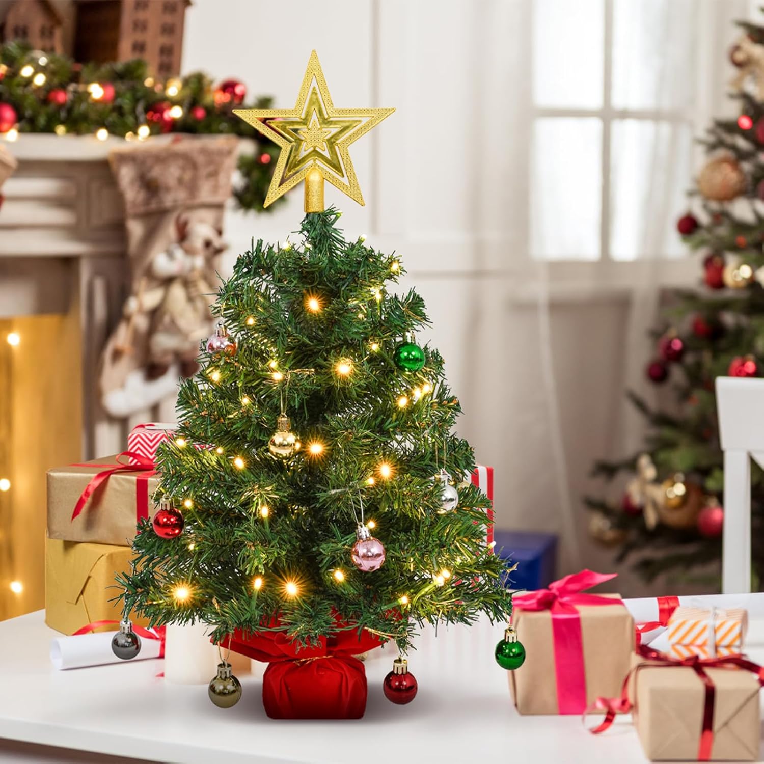 Uten 2 Pcs Mini Christmas Tree Set 24 Inch / 2 FT, Table Top Artificial Christmas Trees with 50 LED Lights, Xmas Ornaments Balls 56 PCS, DIY Christmas Decorations