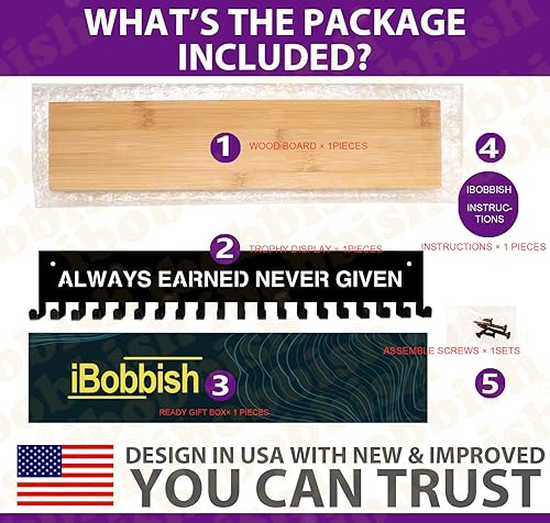 Miniatura 7 de Estante Premium de iBobbish para Trofeos y Medallas de 16 Pulgadas de Largo, Estante de Trofeos de Metal con Ganchos Mejorado, Gran Tablero de Bambú