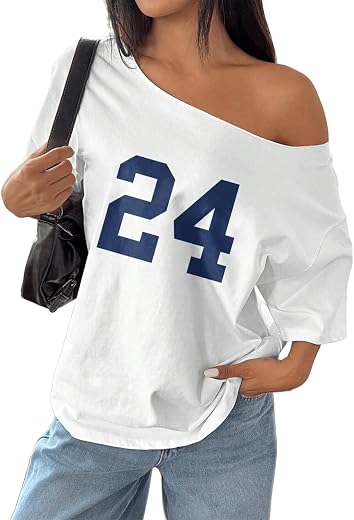 SXV 1pc Loose Off Shoulder Oversized T-Shirt with Number 24 Print Graphic Tees