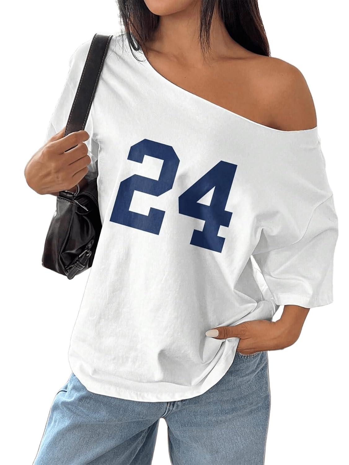 SXV 1pc Loose Off Shoulder Oversized T-Shirt with Number 24 Print Graphic Tees - Review, Price and Buying Guide