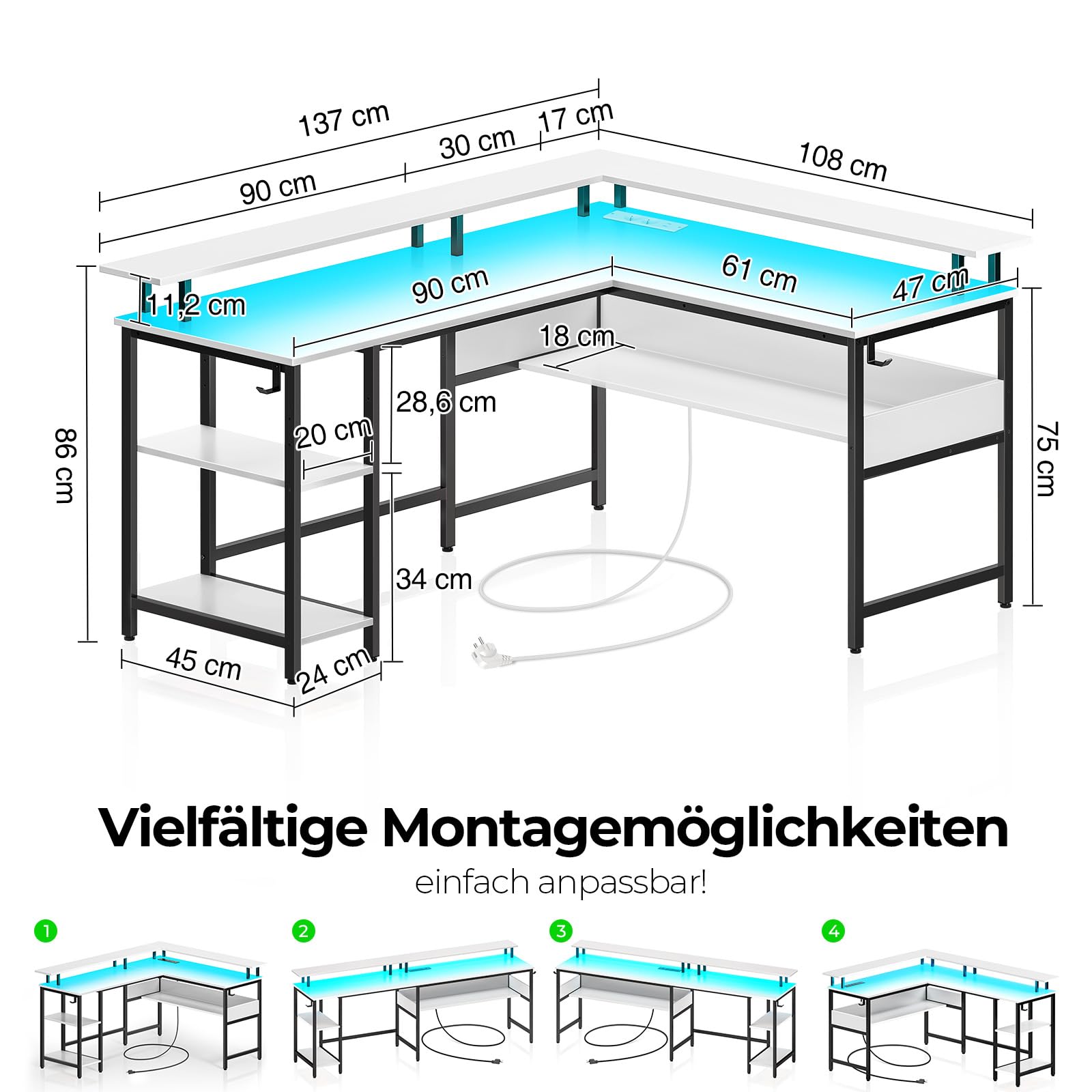 Rolanstar Gaming Schreibtisch L Form mit LED & Steckdosen, Gaming Tisch mit Monitorständer & Ablagefläche, Eckschreibtisch mit 2 Haken, Reversibler Computertisch Groß für Büro(weiß, 137 x 108cm)