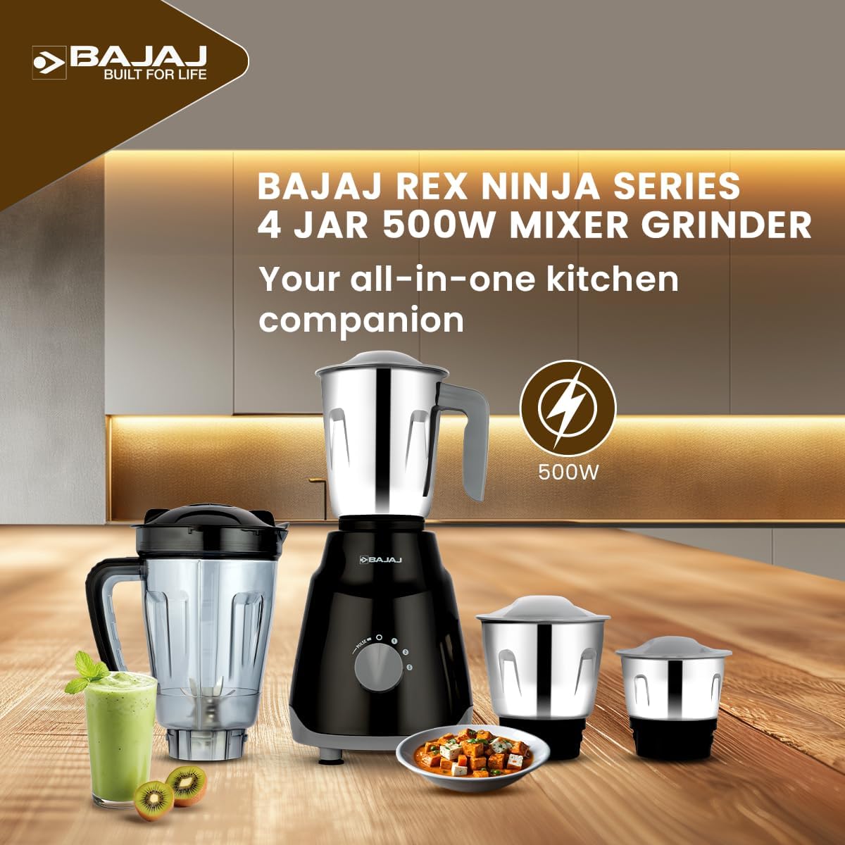 Bajaj ABS Rex Ninja Series 500W Mixer Grinder | DuraCut Lame, 2-in-1 Funzione Lama in barattolo asciutto | Garanzia 2 anni | Nero/Grigio | (spina indiana)