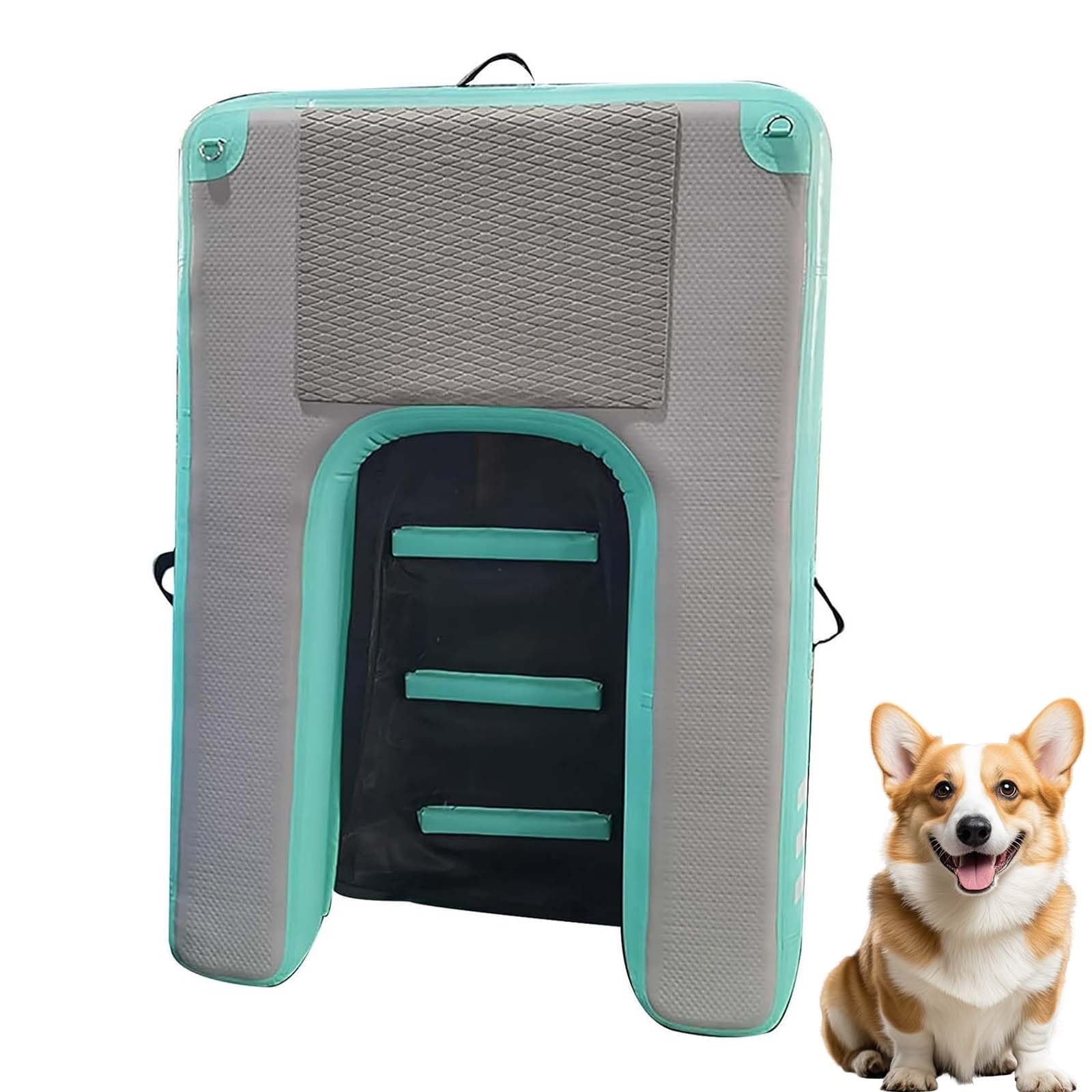 Portable Dog Water Ramp, Foldable Dog Pool Ladder, 150×100×10cm, Max 80 Kg, Quick Inflation, High Density Trampoline Fabric, Non-slip EVA Surface, Air Pump, Storage Bag, For Beach(Mint Green)