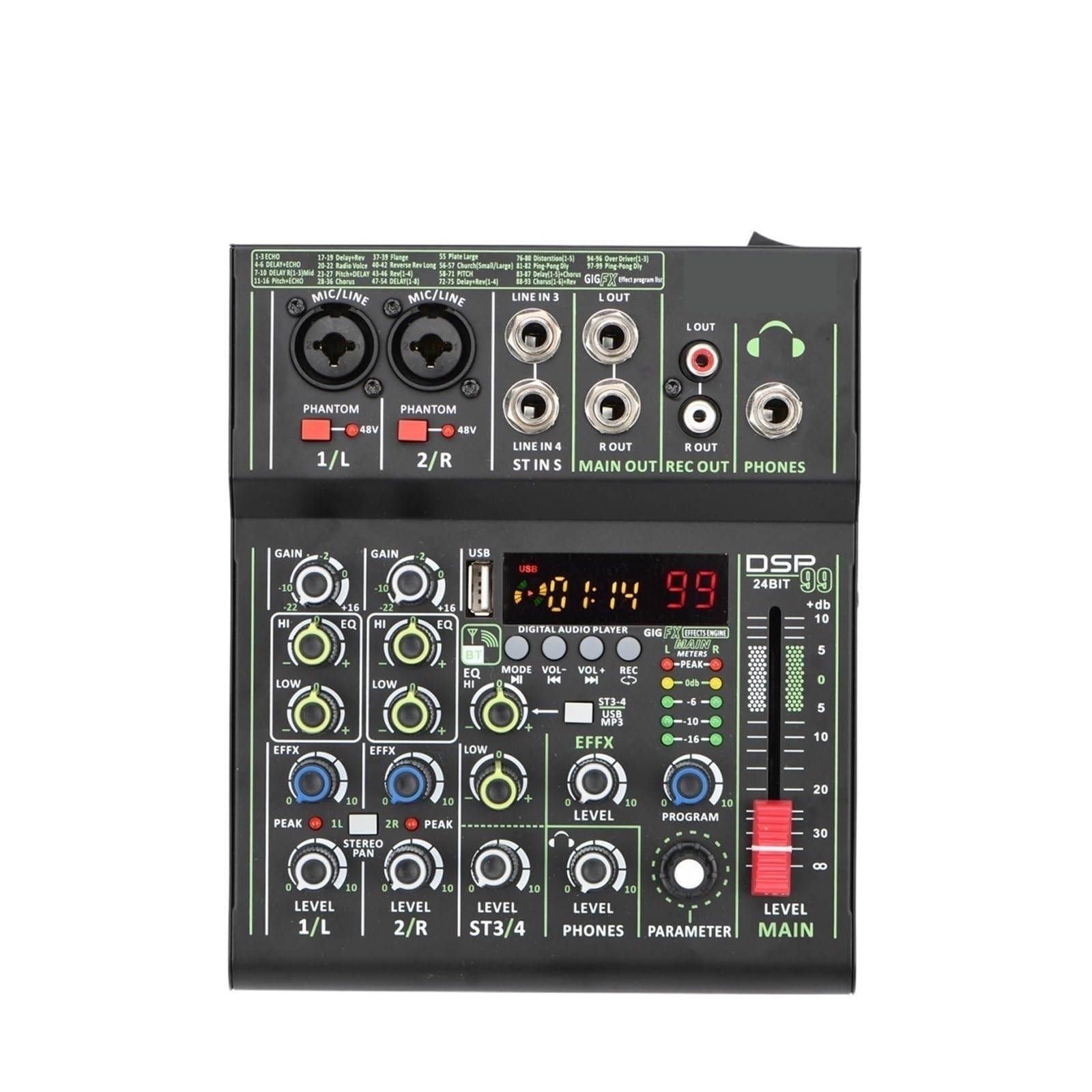 Mikser audio, Mini przenośny mikser audio z 99 efektami DSP, 4 kanałami, USB, odtwarzanie i nagrywanie, indywidualne miksowanie dźwięku zasilaniem Phantom +48 V do karaoke w studiu