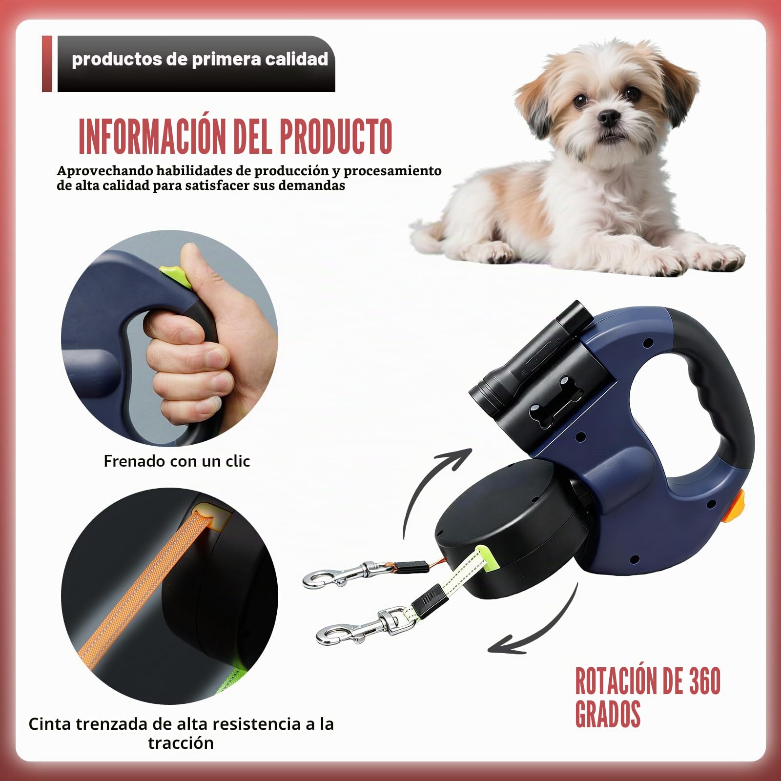 BAIFULAI Correa retráctil para 2 perros, correa doble de 3 m para 2 perros con luz, mango antideslizante, extensible, para perros pequeños y medianos (azul)