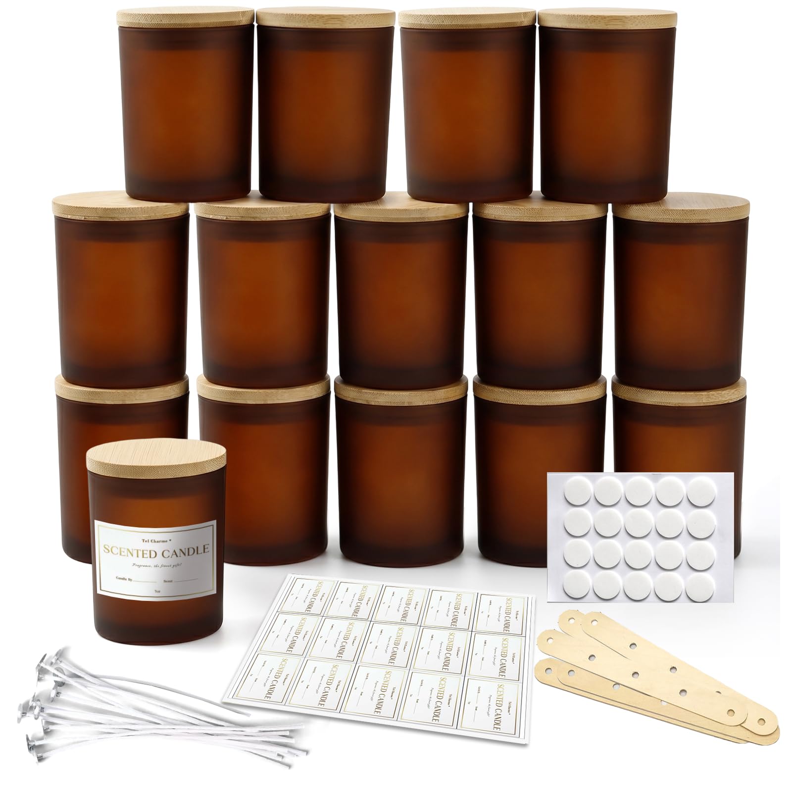15 Pack 7oz Brown Glass Jars with Airtight Lids – Empty Candle Making Containers, Spice Storage Jars for Food, Powder, DIY Crafts, Honey, Wedding Party Favors – Amber Glass