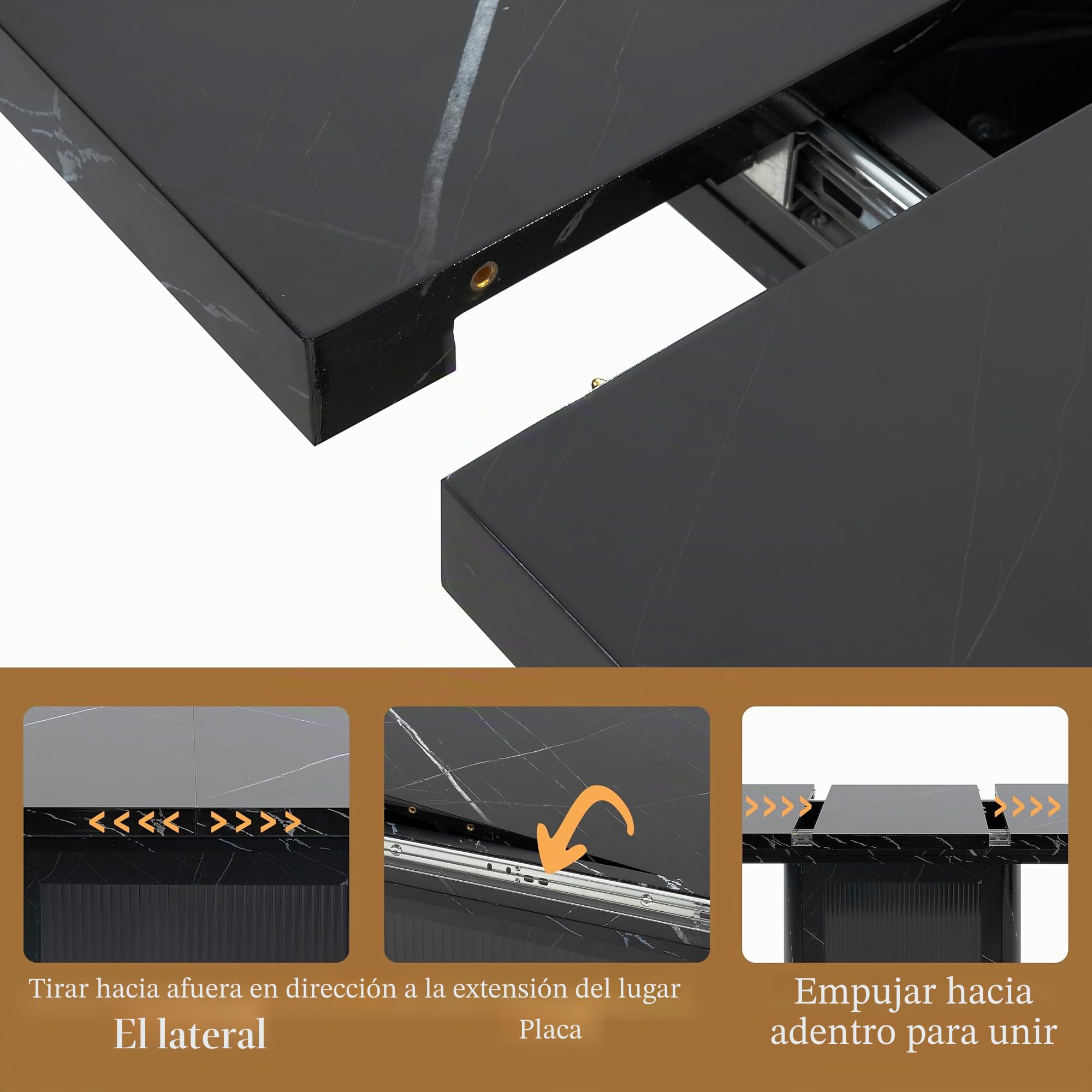 Vivca, tavolo da pranzo moderno allungabile, 120-160 cm, piano con stampa in marmo nero, gambe in metallo, elegante e funzionale per sala da pranzo, cucina, soggiorno