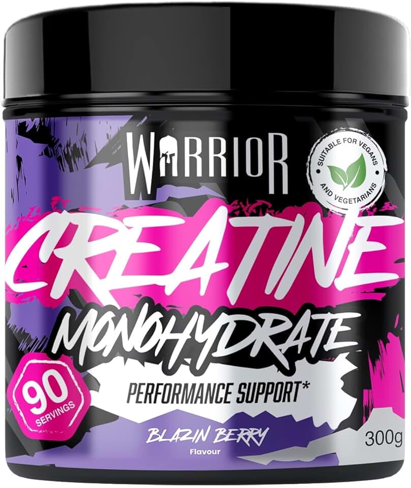 Warrior Creatine Monohydrate 300g (100 portions) – Créatine Monohydrate poudre pure, Creatine, Complément hommes femmes, Post & Pre workout, force, Musculation Récupération, Vegan – Baie épicée